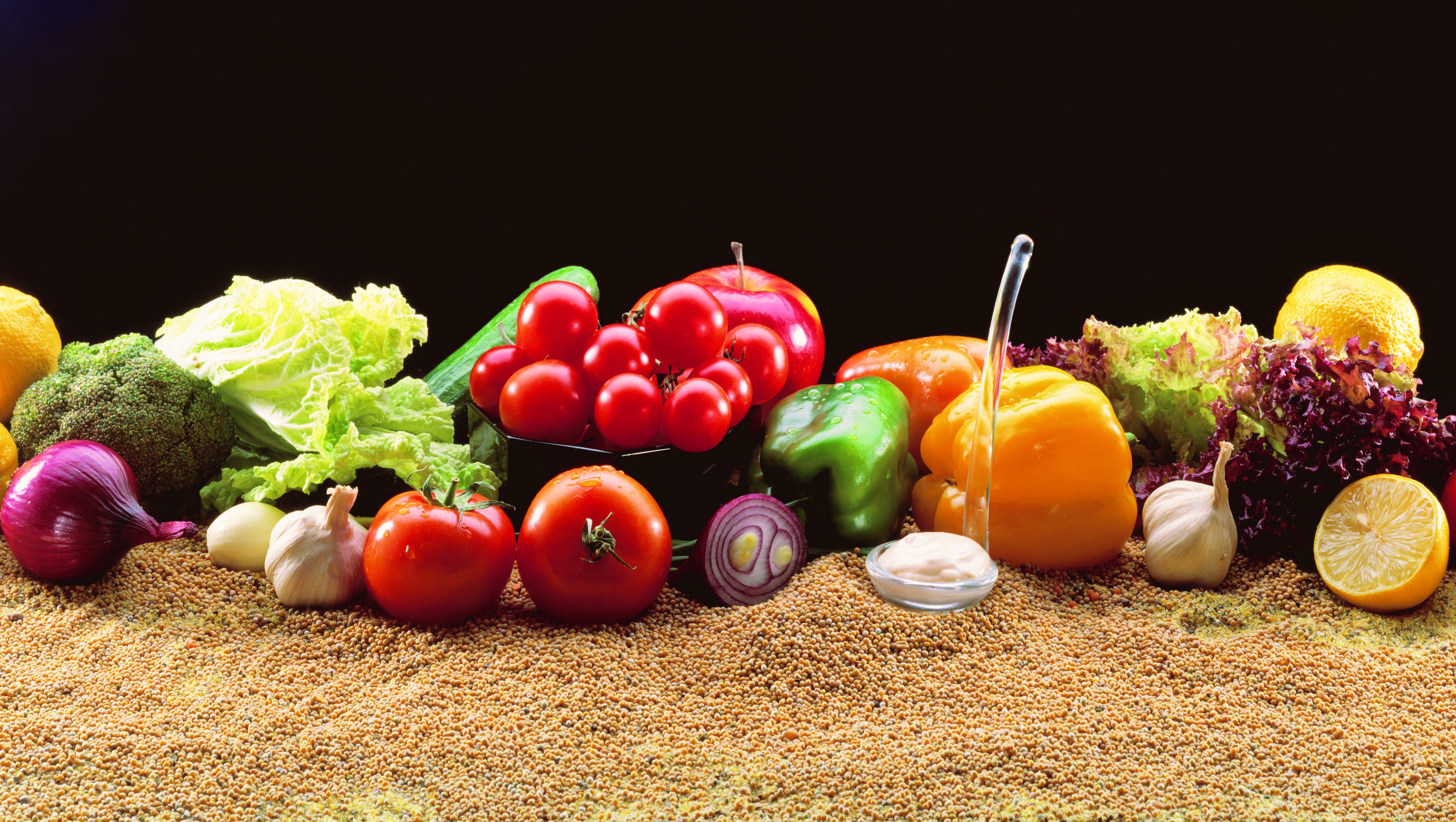 Vegetables and Grains on a Black Background HD Wallpaper
