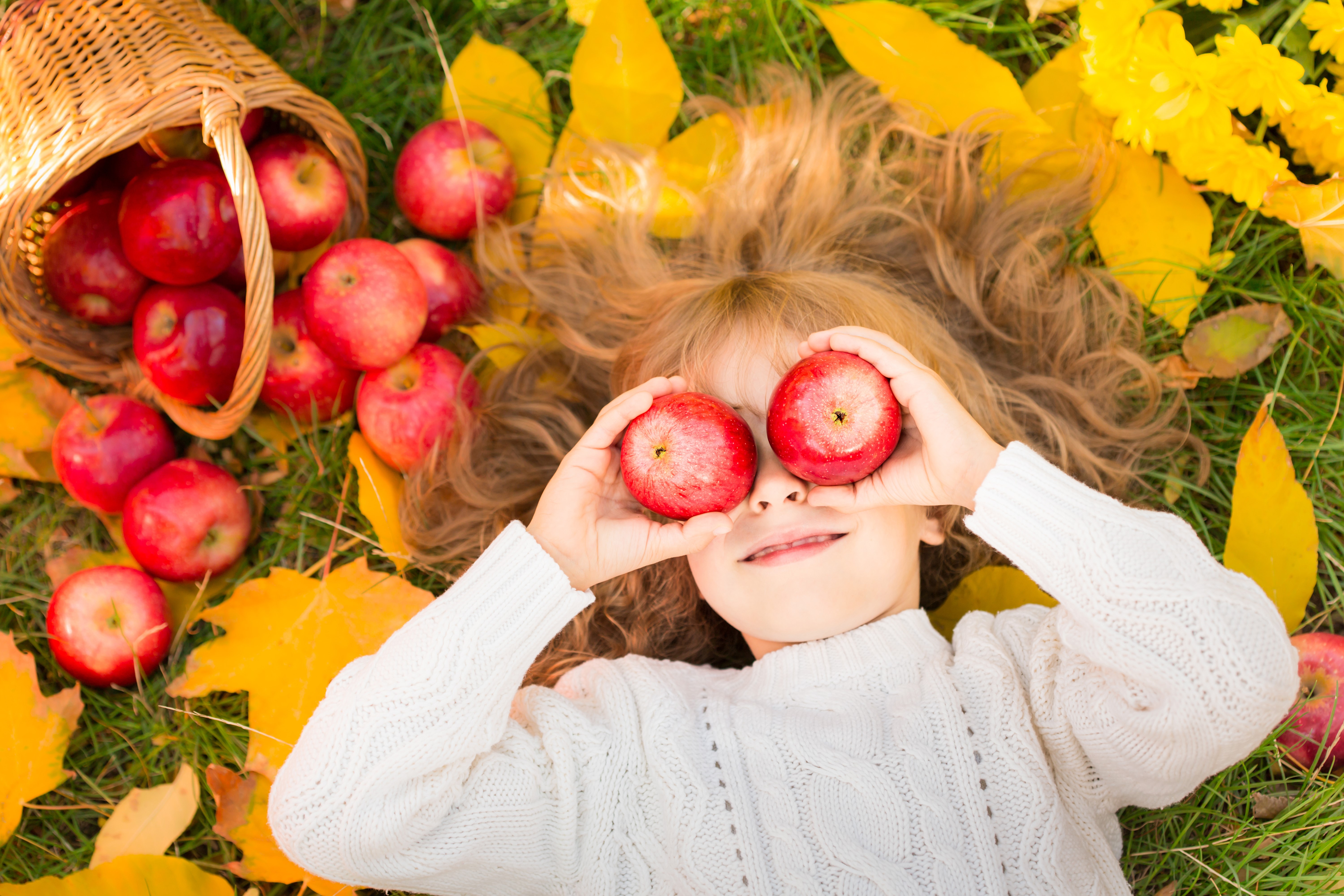 Girl with apples in autumn leaves HD Wallpaper