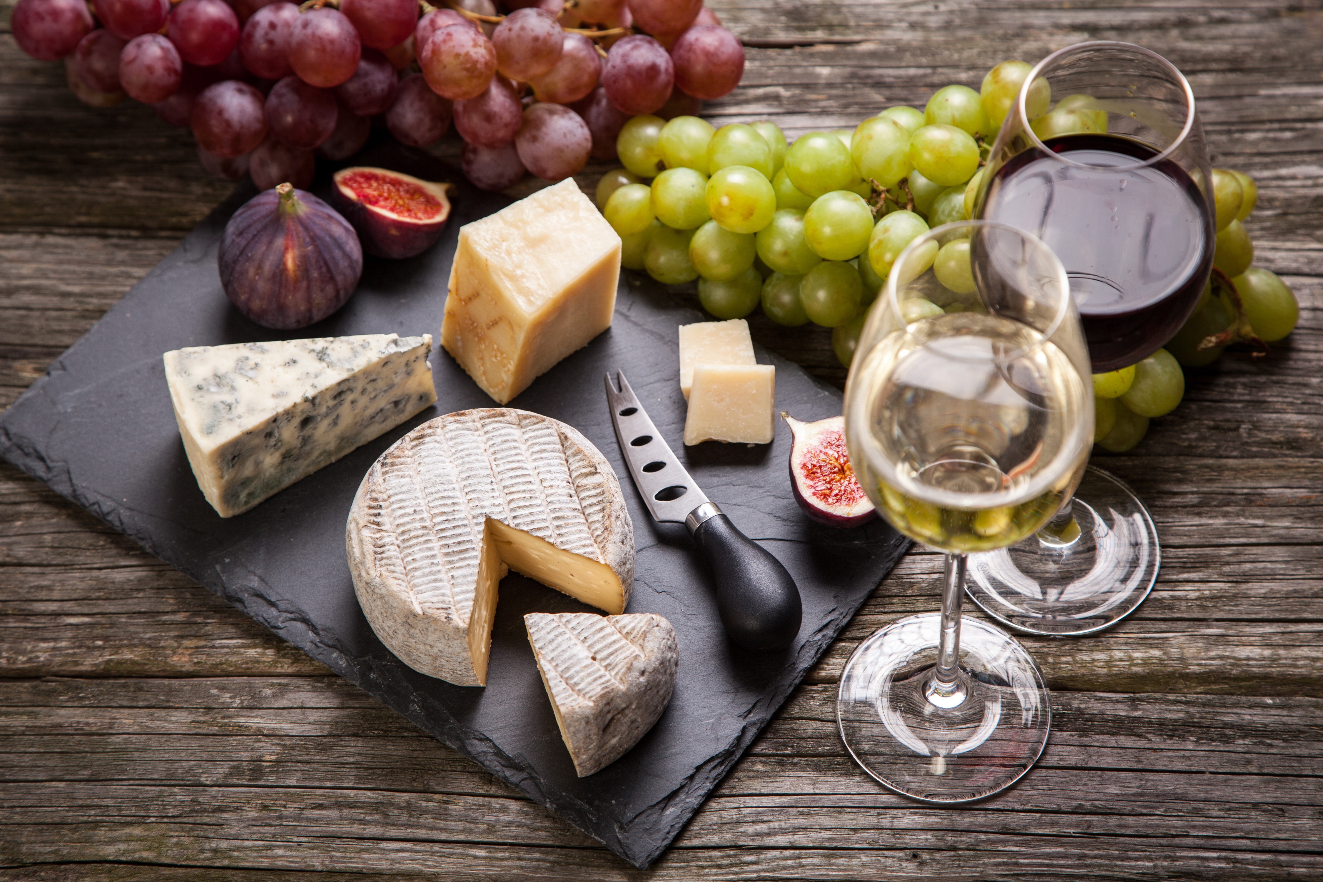 Cheese, Grapes, Wine, and Knife on a Slate HD Wallpaper