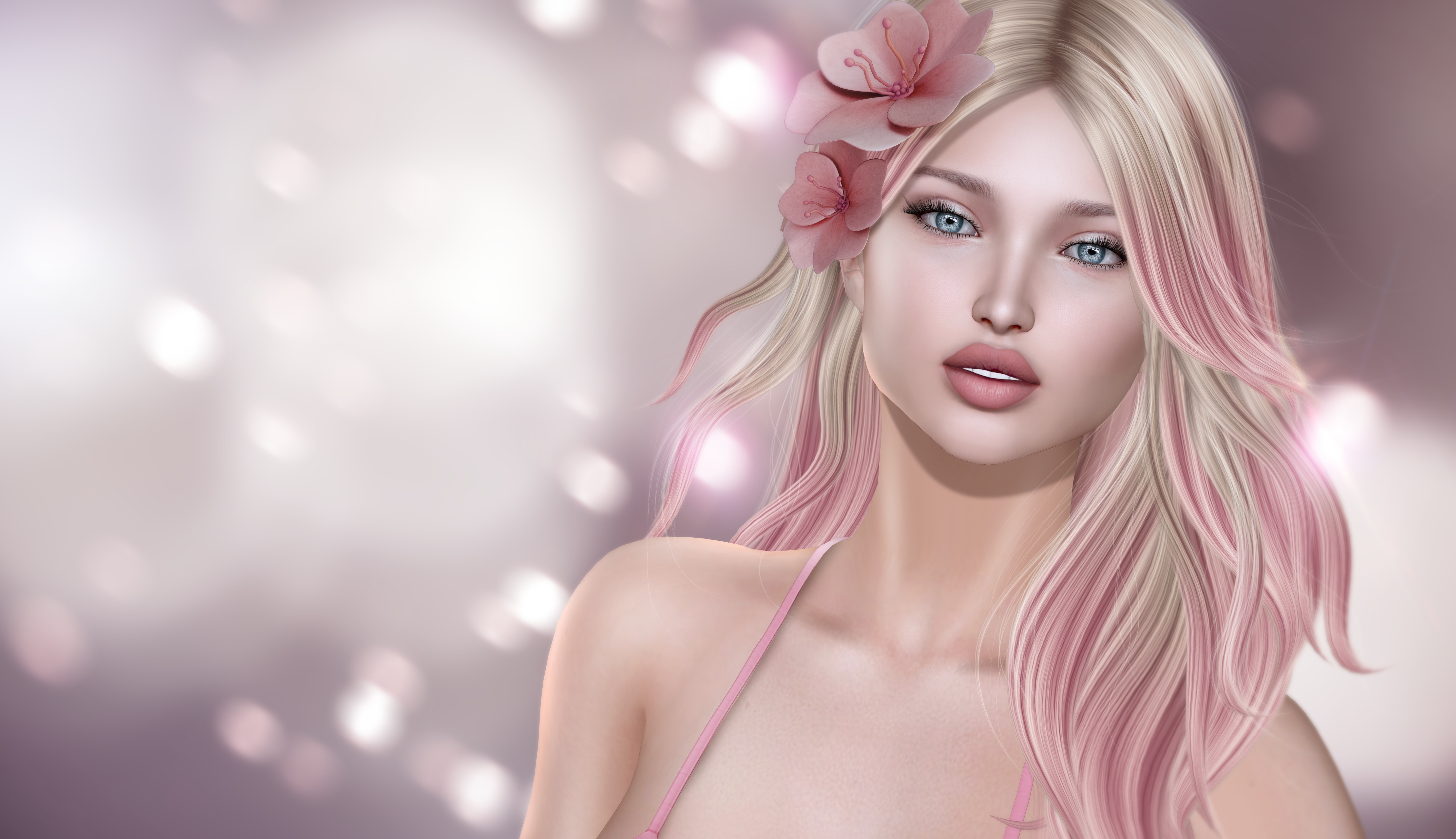 Blonde girl with pink flowers in hair HD Wallpaper