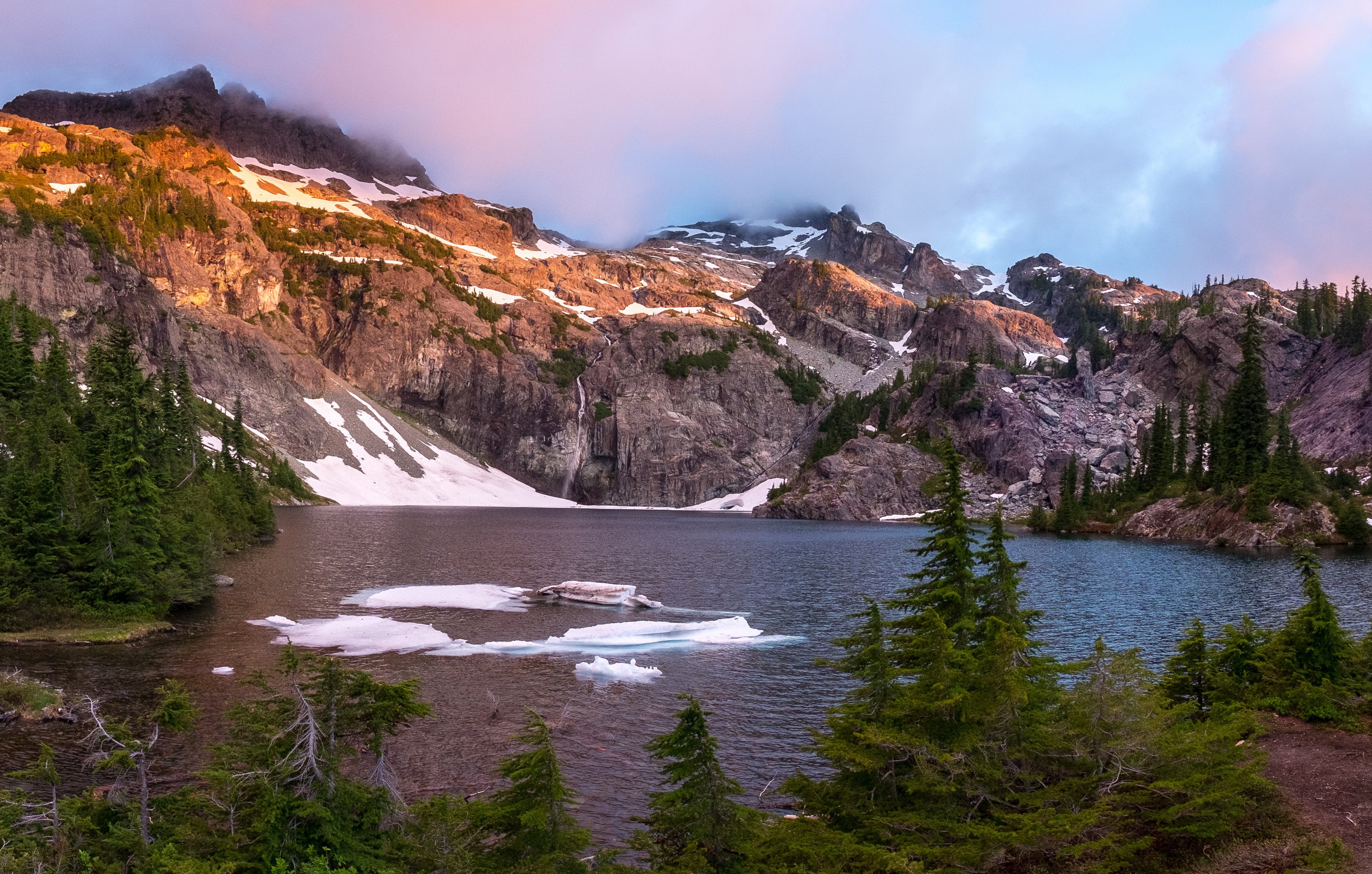 Mountain Lake with Snow and Spruce Trees at Sunrise HD Wallpaper