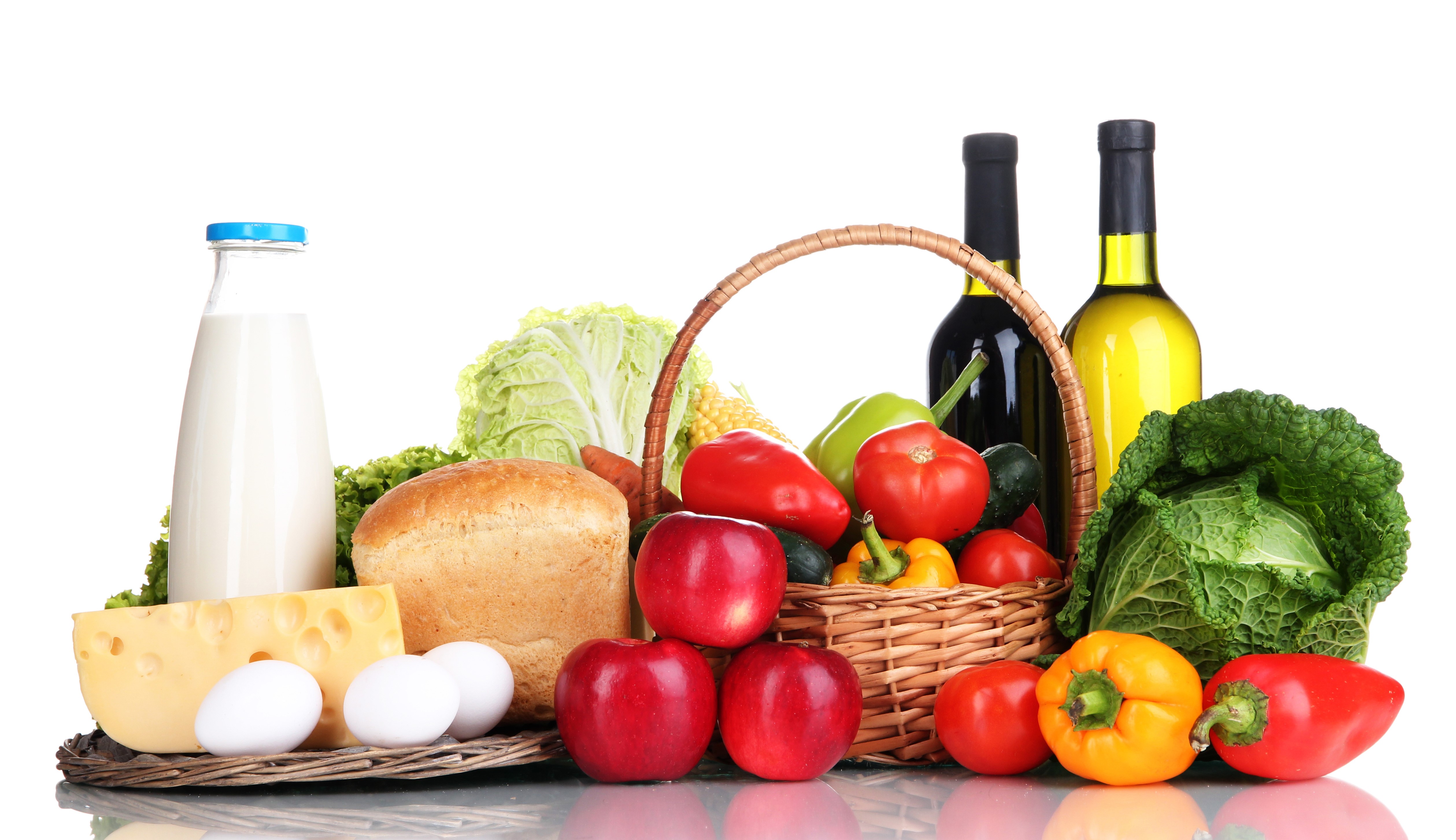 Still-life of dairy, bread, fruits, vegetables, and wine HD Wallpaper