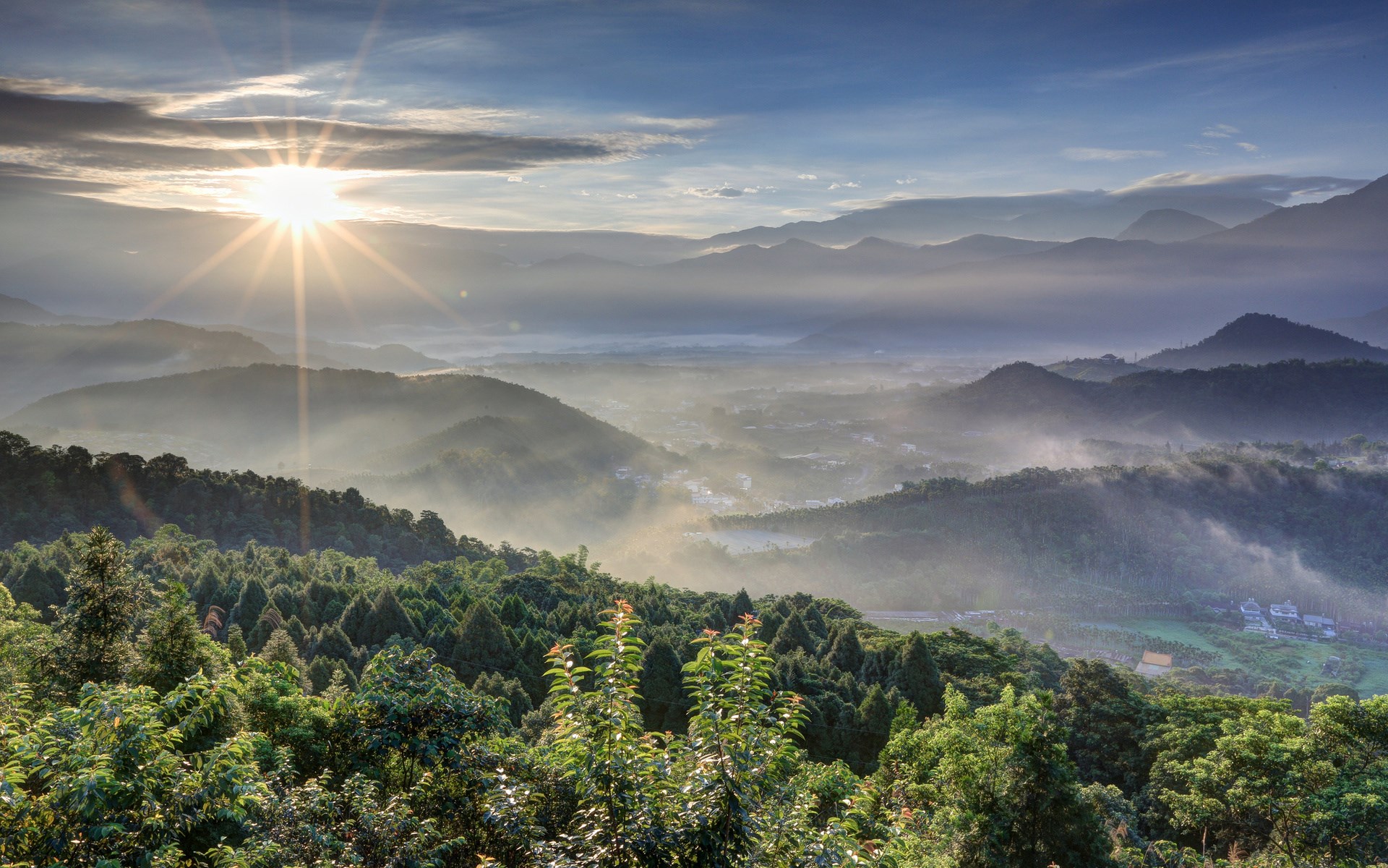 Sunrise over misty mountains and forest HD Wallpaper