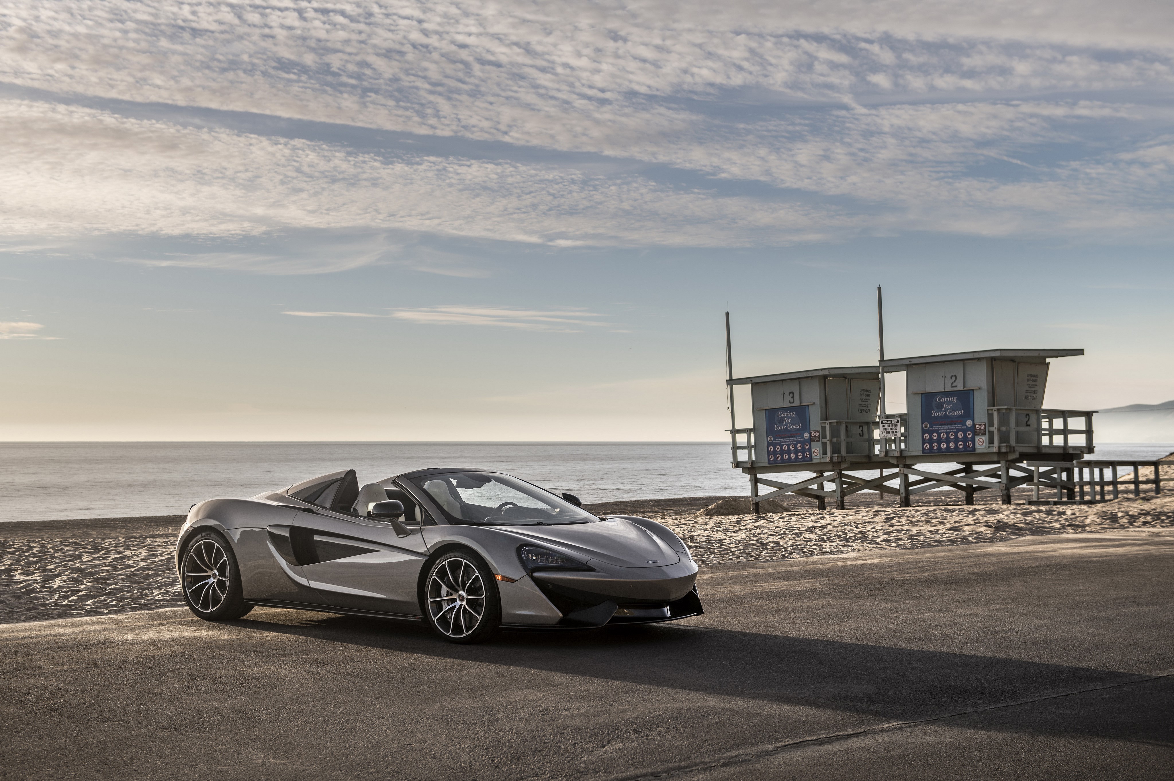 Grey McLaren 570S Spider Roadster on Beach HD Wallpaper