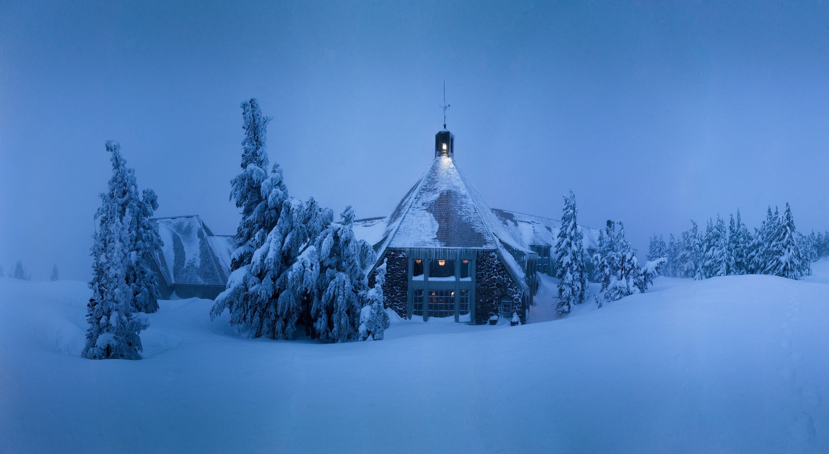 Timberline Lodge in Oregon during winter evening HD Wallpaper