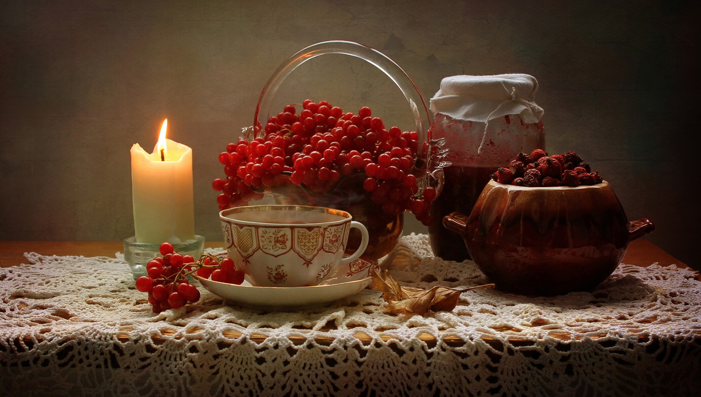Still-life with candle, tea cup, and berries HD Wallpaper