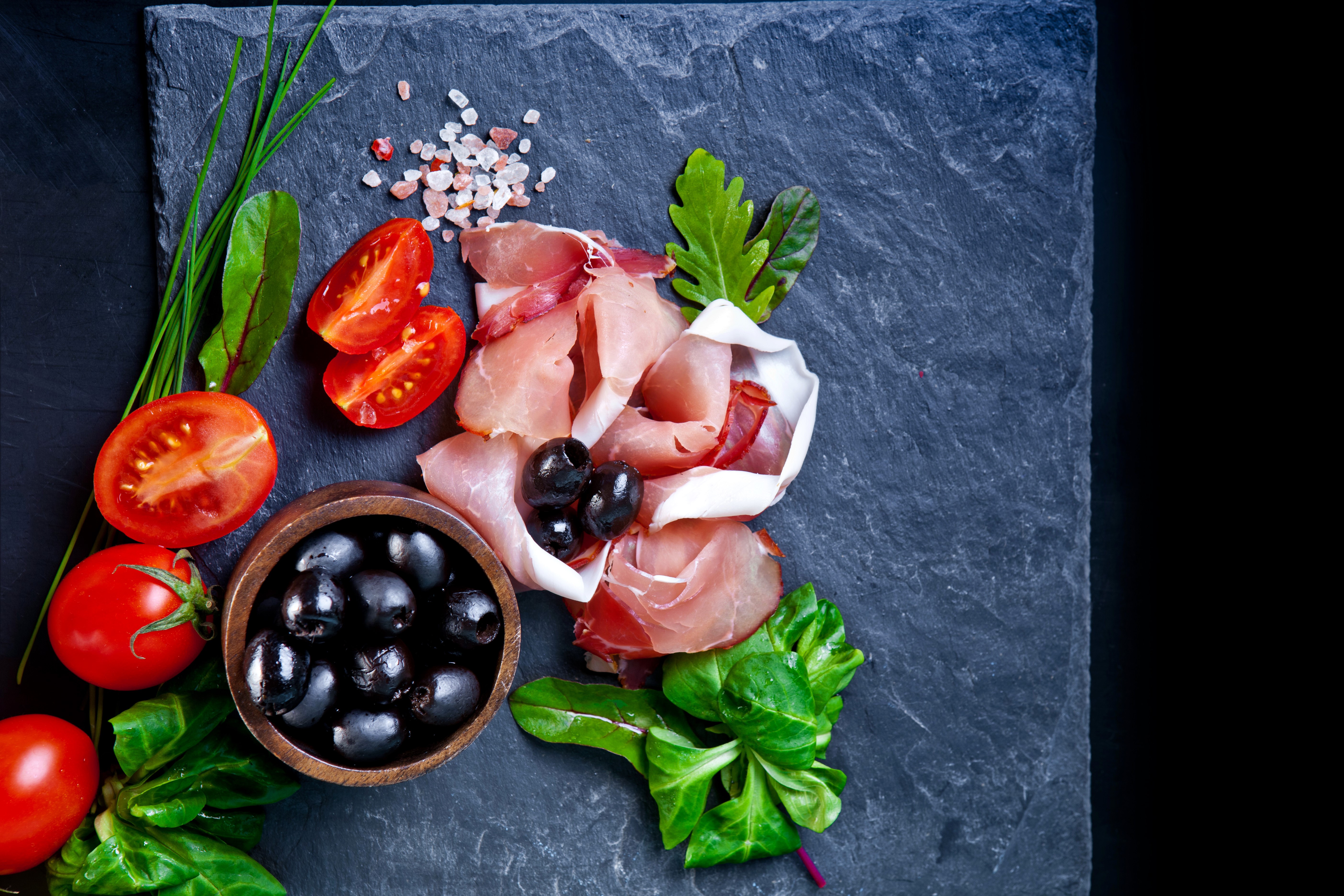 Ham, Tomatoes, Olives, and Herbs on Slate HD Wallpaper