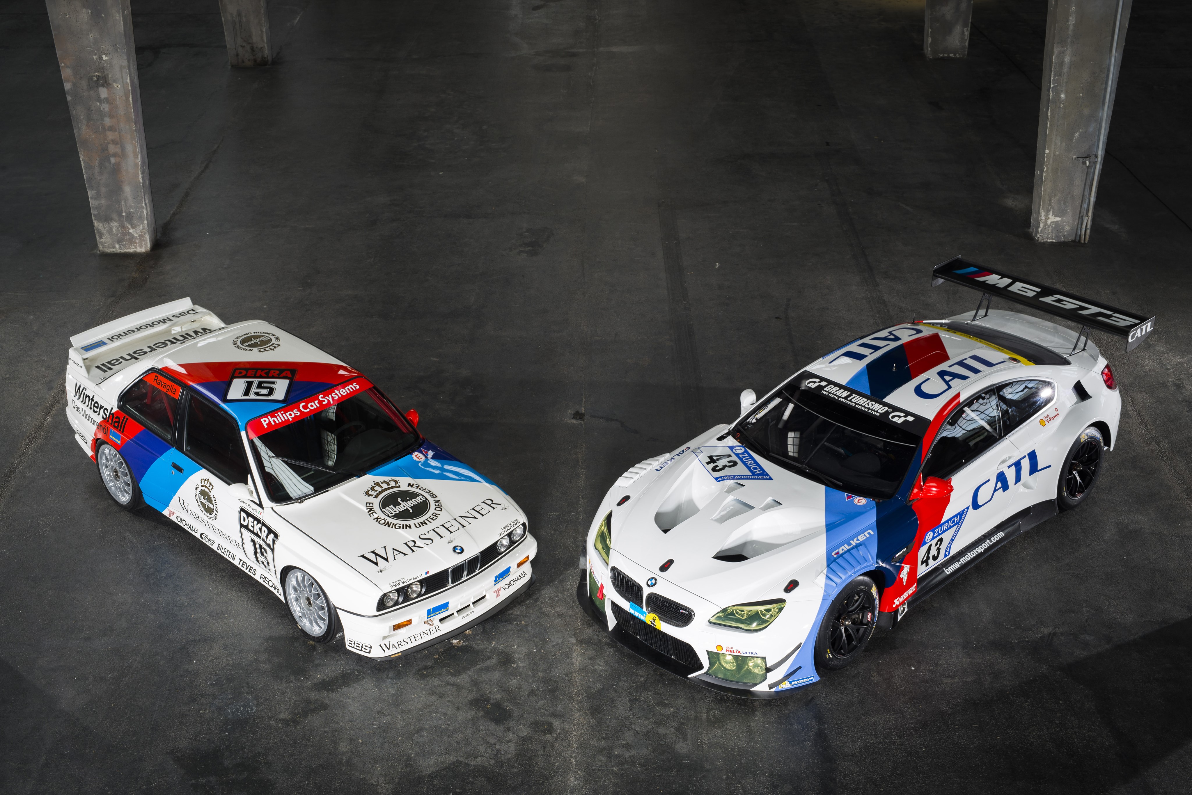 Two BMW M6 GT3 and E30 race cars HD Wallpaper