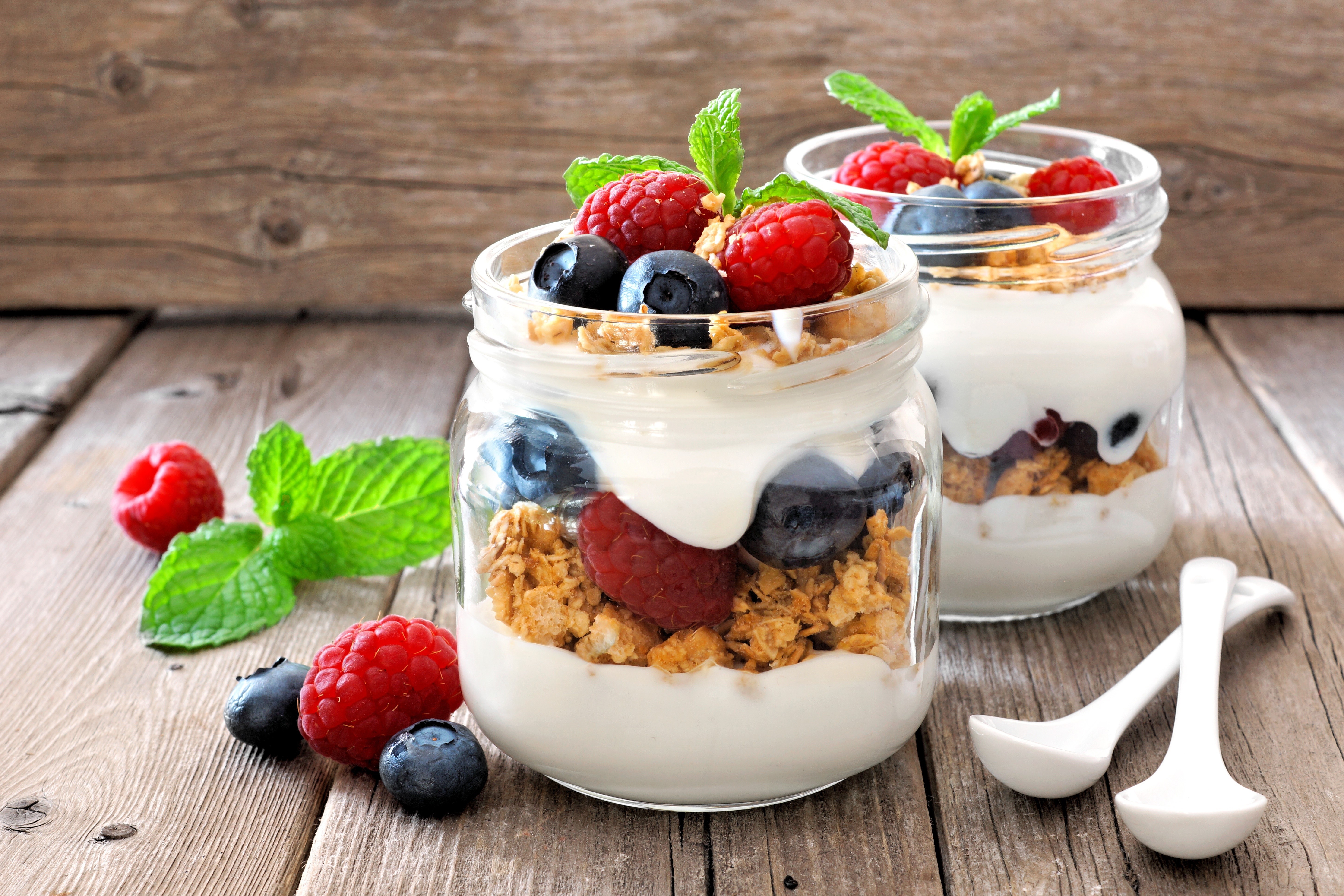 Yogurt Parfait with Berries and Granola in Jars HD Wallpaper