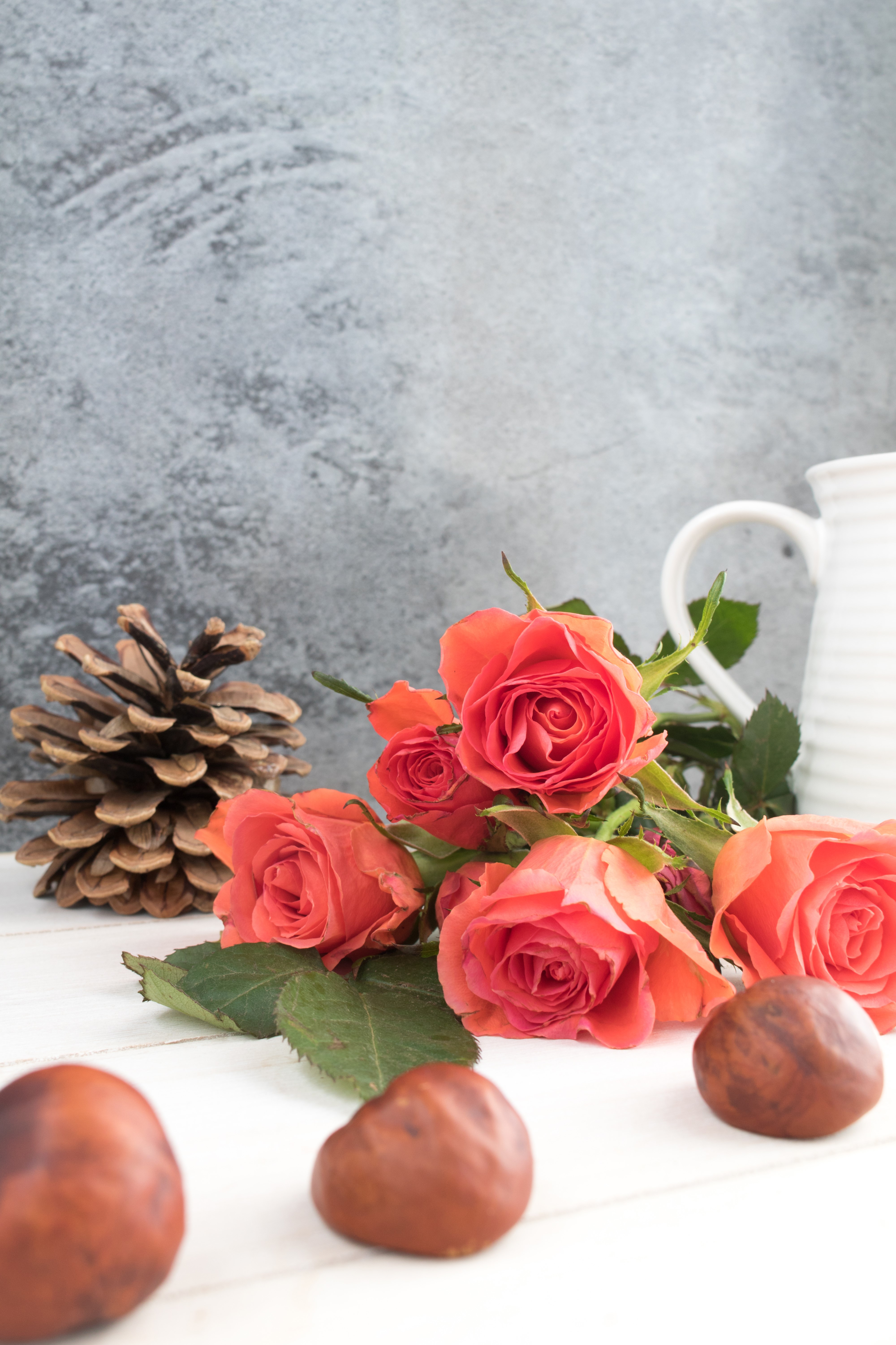 Coral Roses, Pine Cone, and Chestnuts with White Pitcher HD Phone Wallpaper