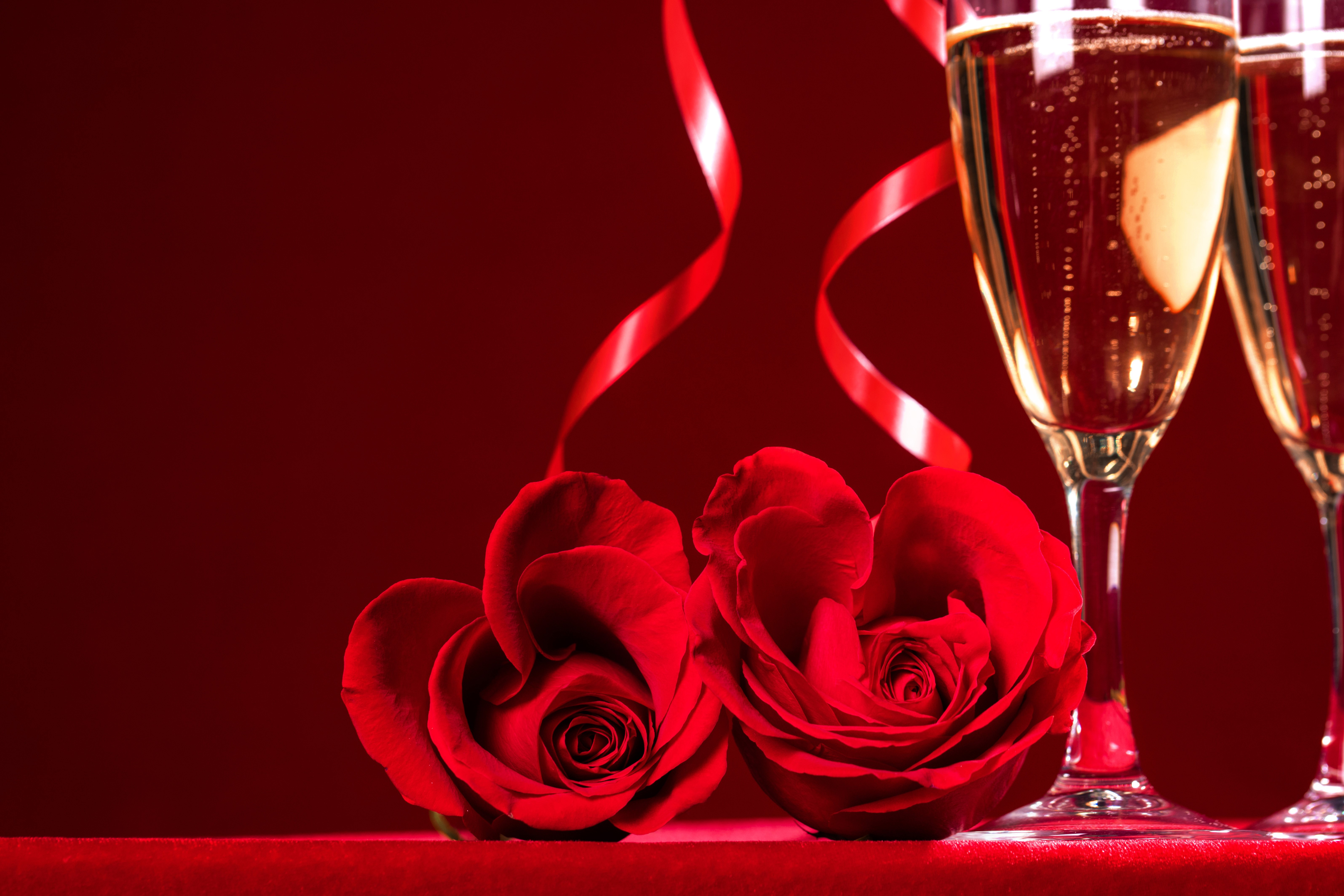 Two red roses and champagne glasses with ribbons HD Wallpaper