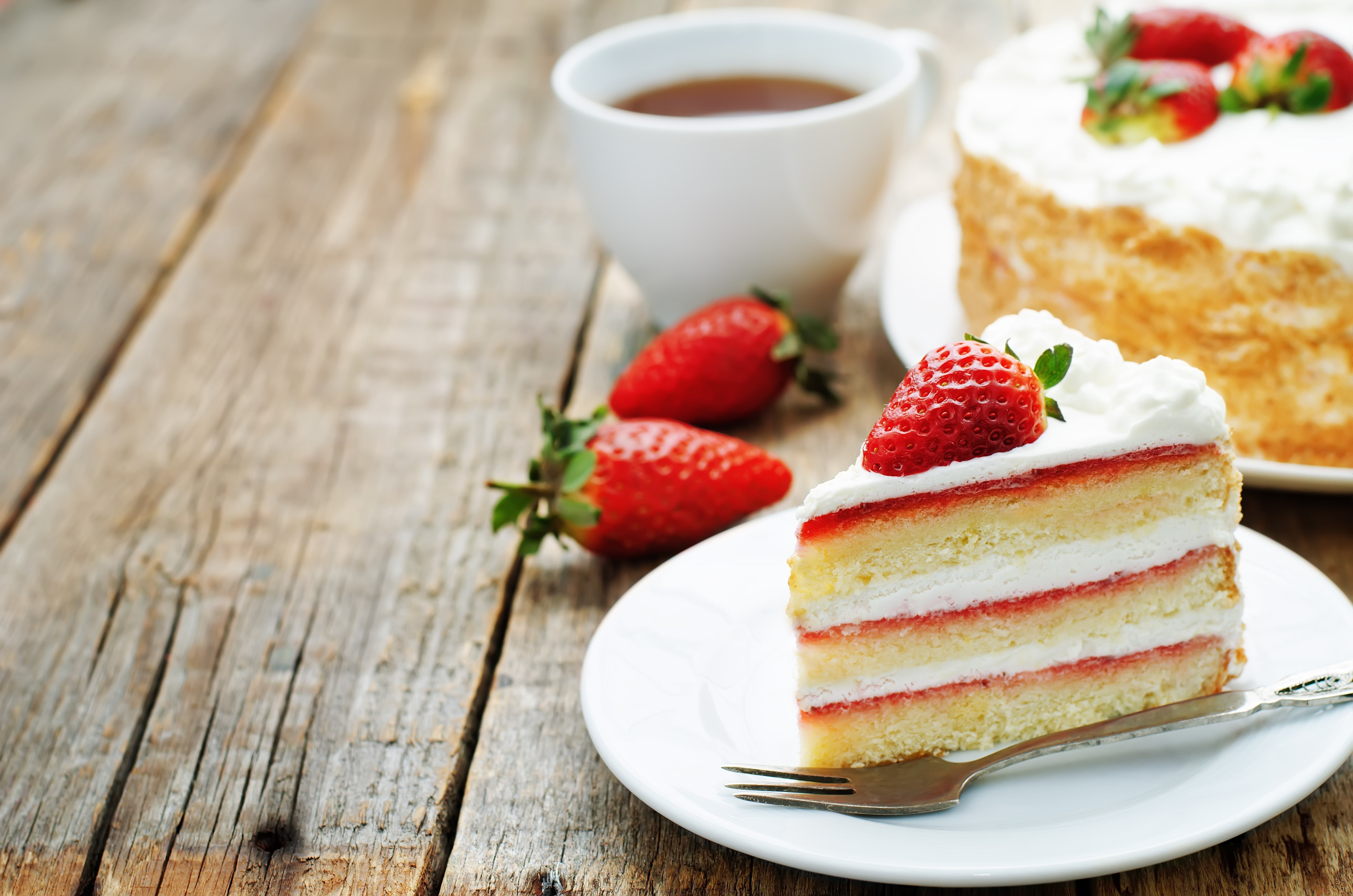 Slice of Strawberry Cake with Strawberries and Tea HD Wallpaper