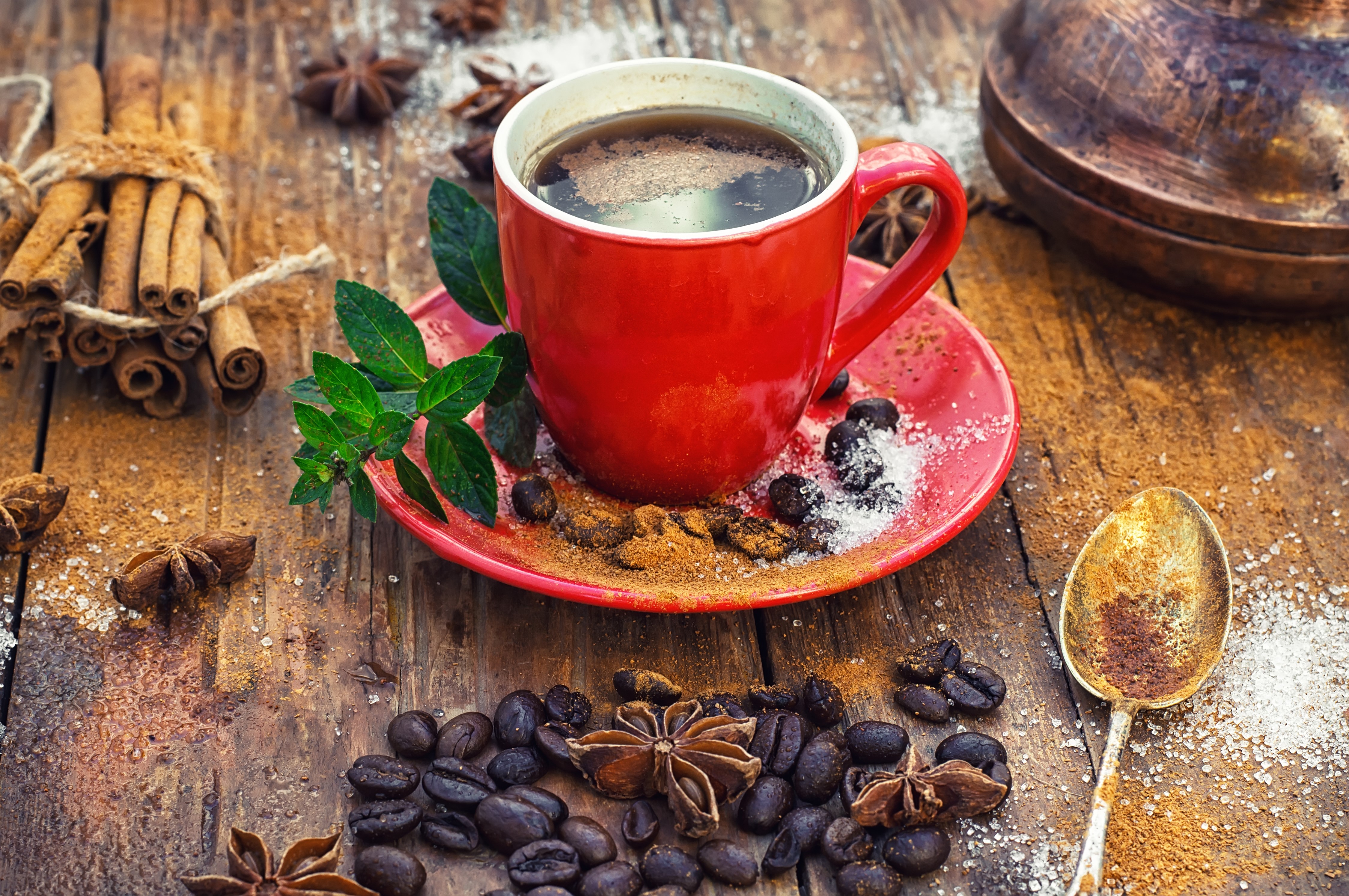 Red coffee cup with cinnamon and coffee beans HD Wallpaper