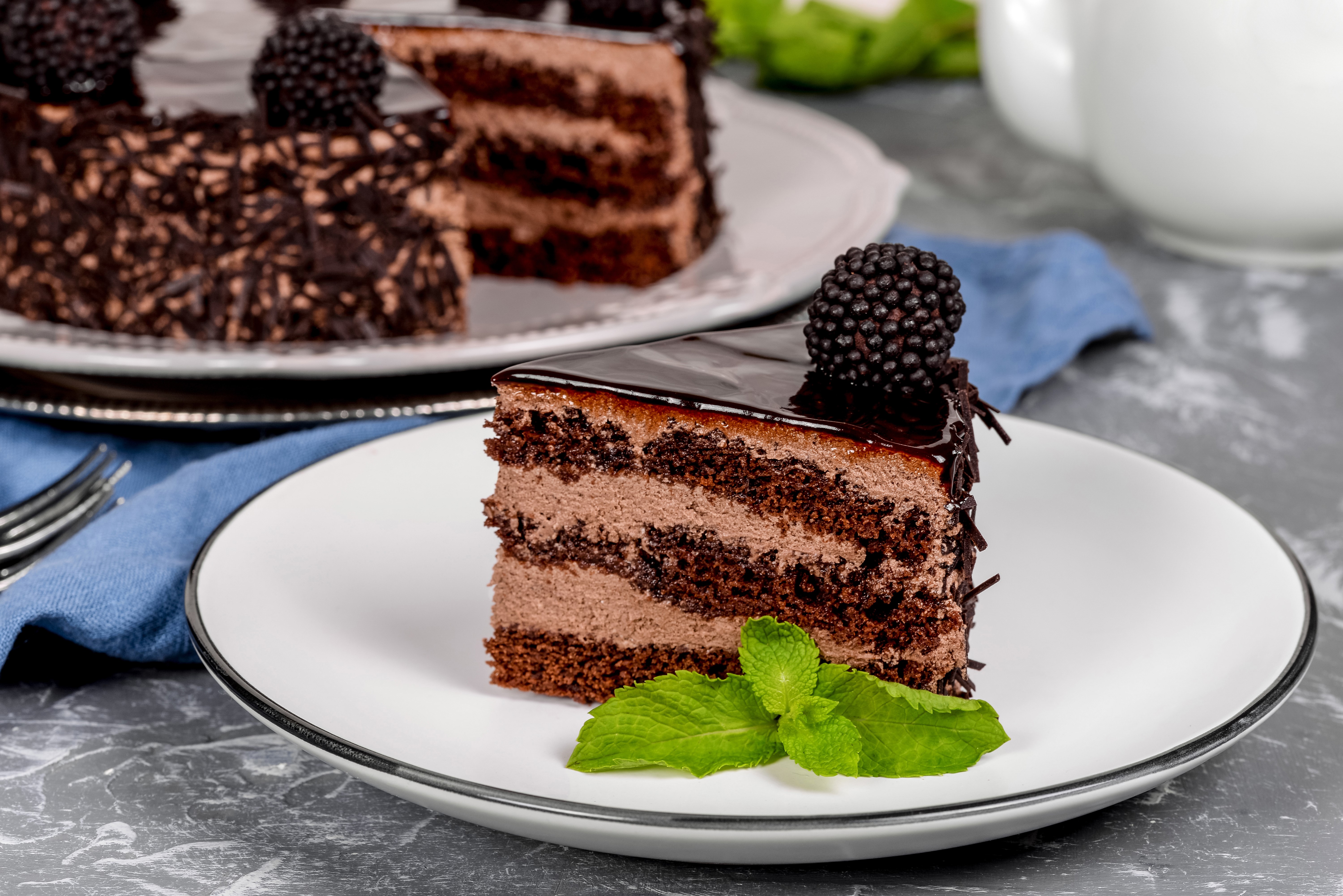 Chocolate cake slice with blackberry and mint HD Wallpaper