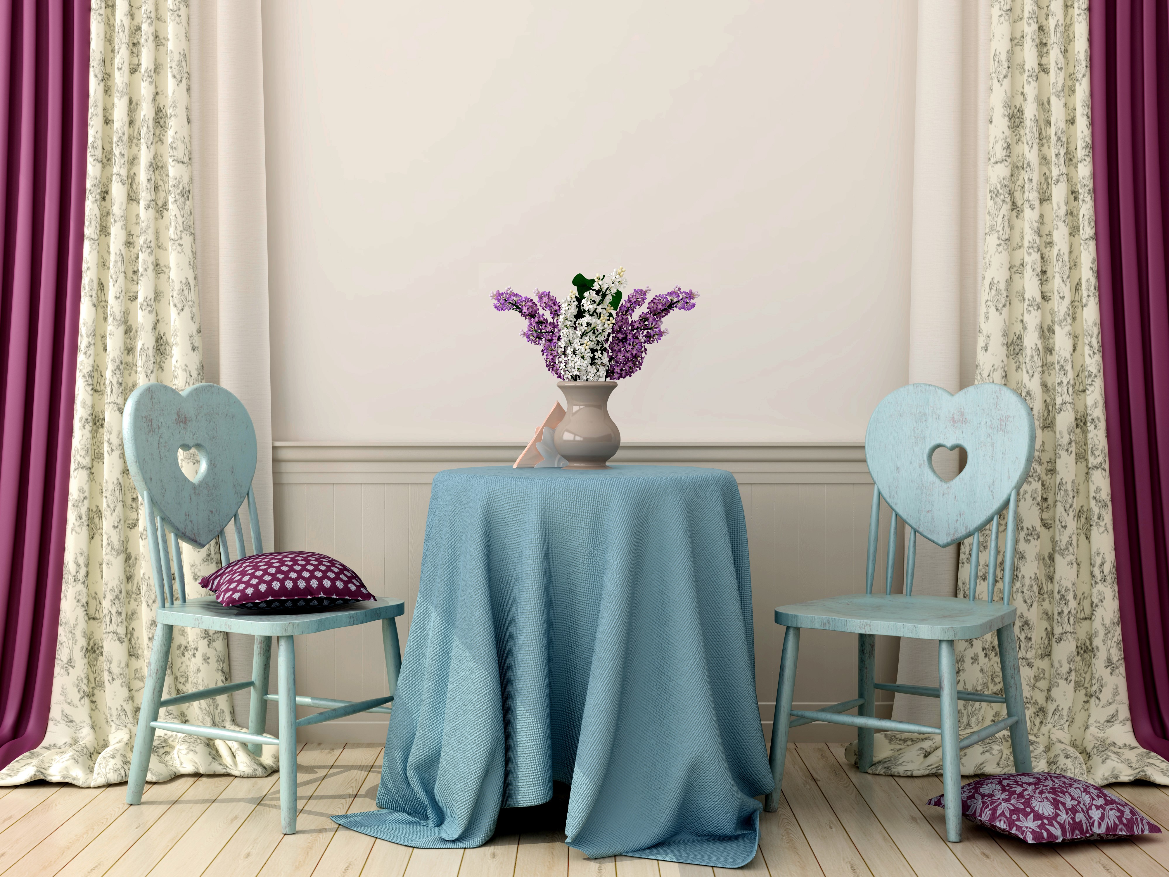 Table with heart chairs and floral curtains HD Wallpaper