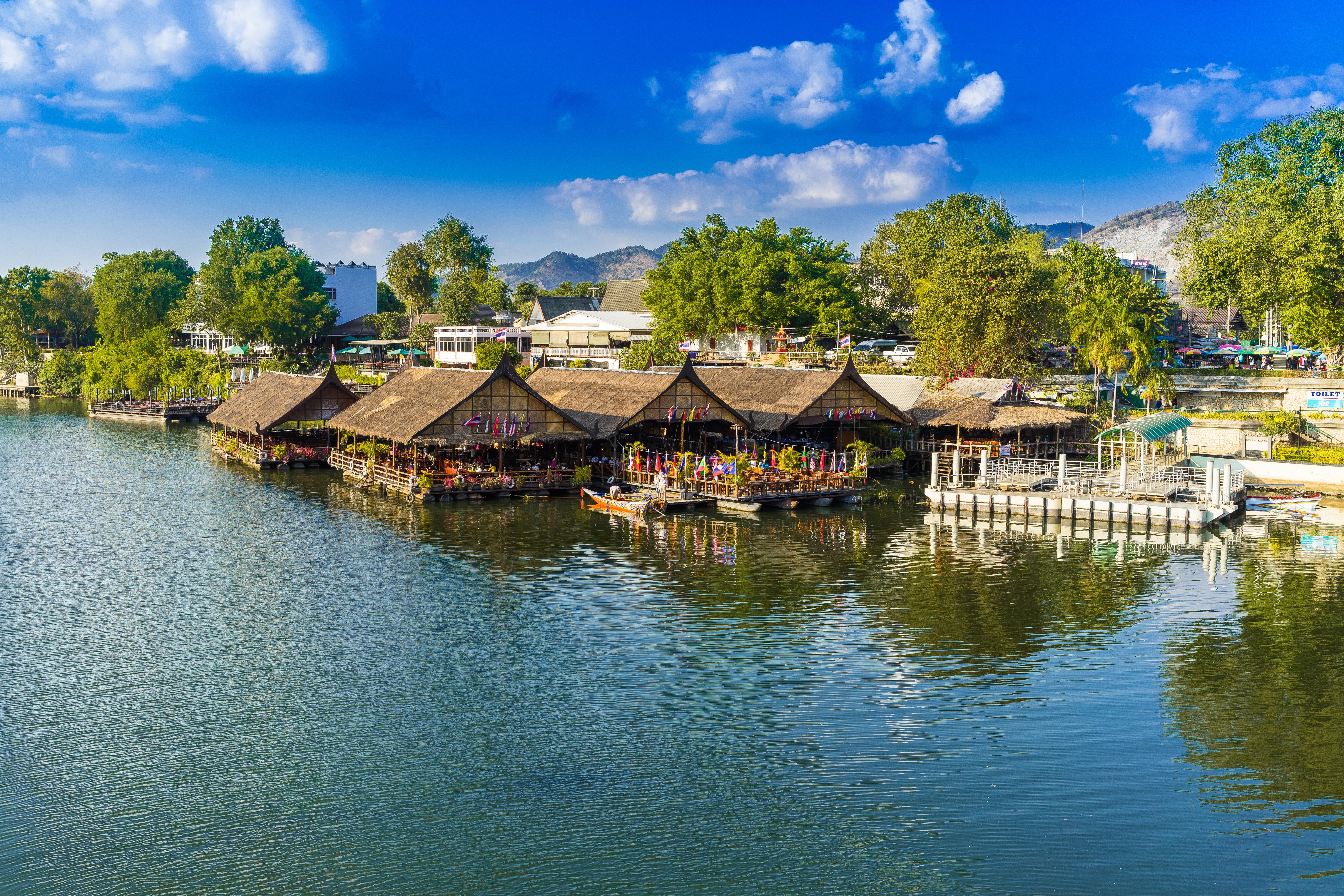 Floating restaurants on a river in Kanchanaburi, Thailand HD Wallpaper
