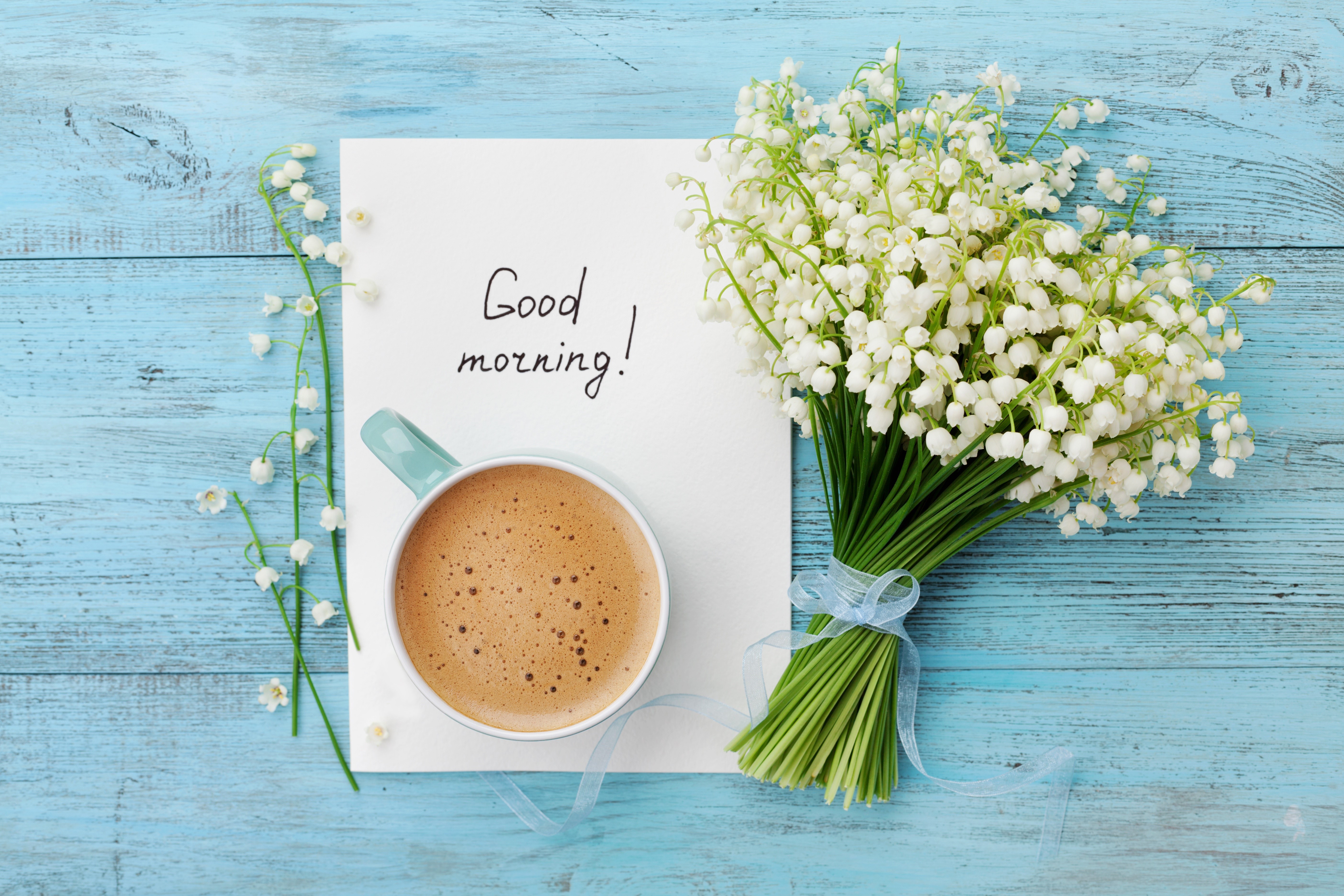 Good Morning message with coffee and lilies of the valley HD Wallpaper