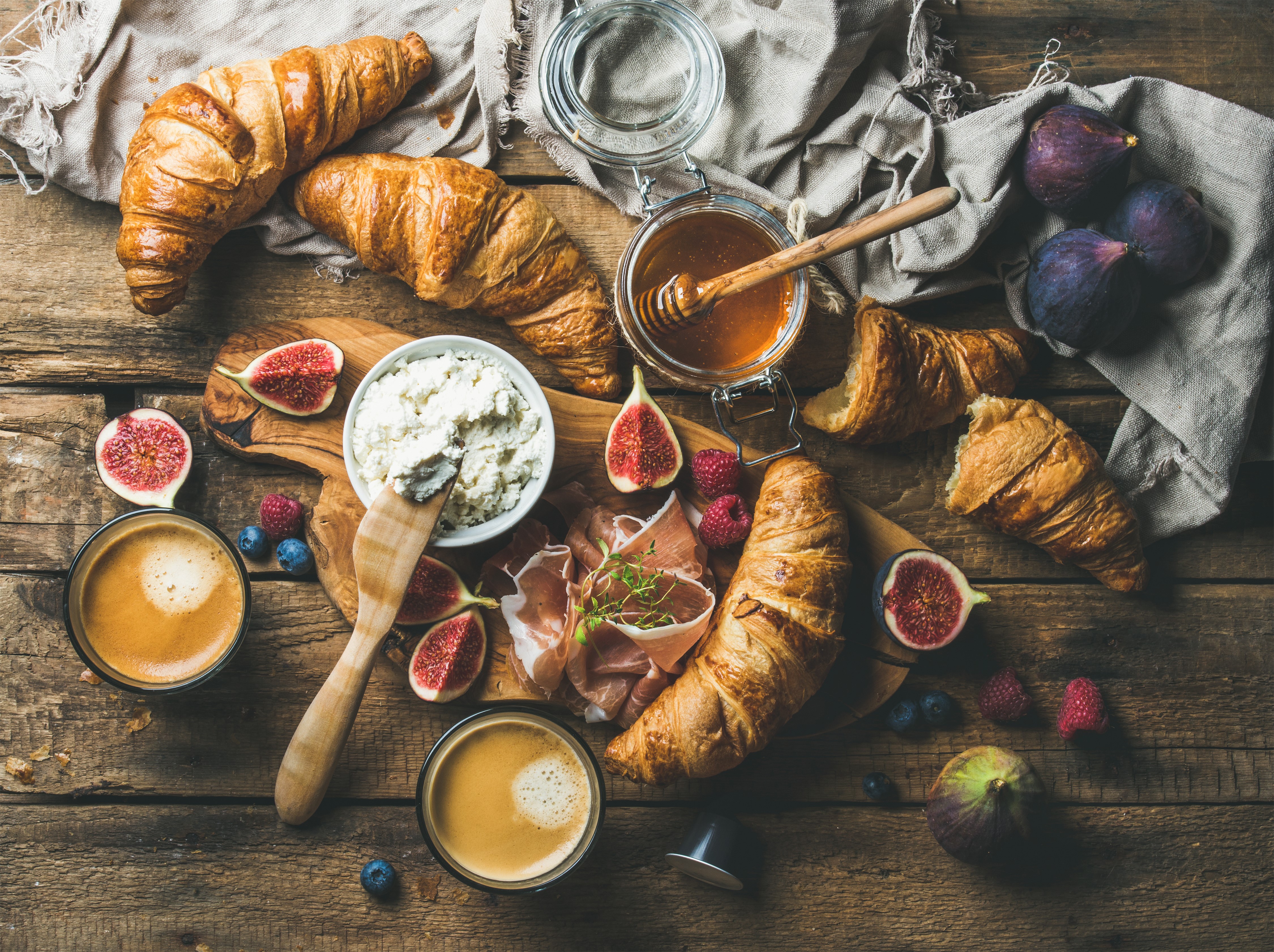 4K Breakfast with Croissants, Coffee, Figs, and Ham HD Wallpaper