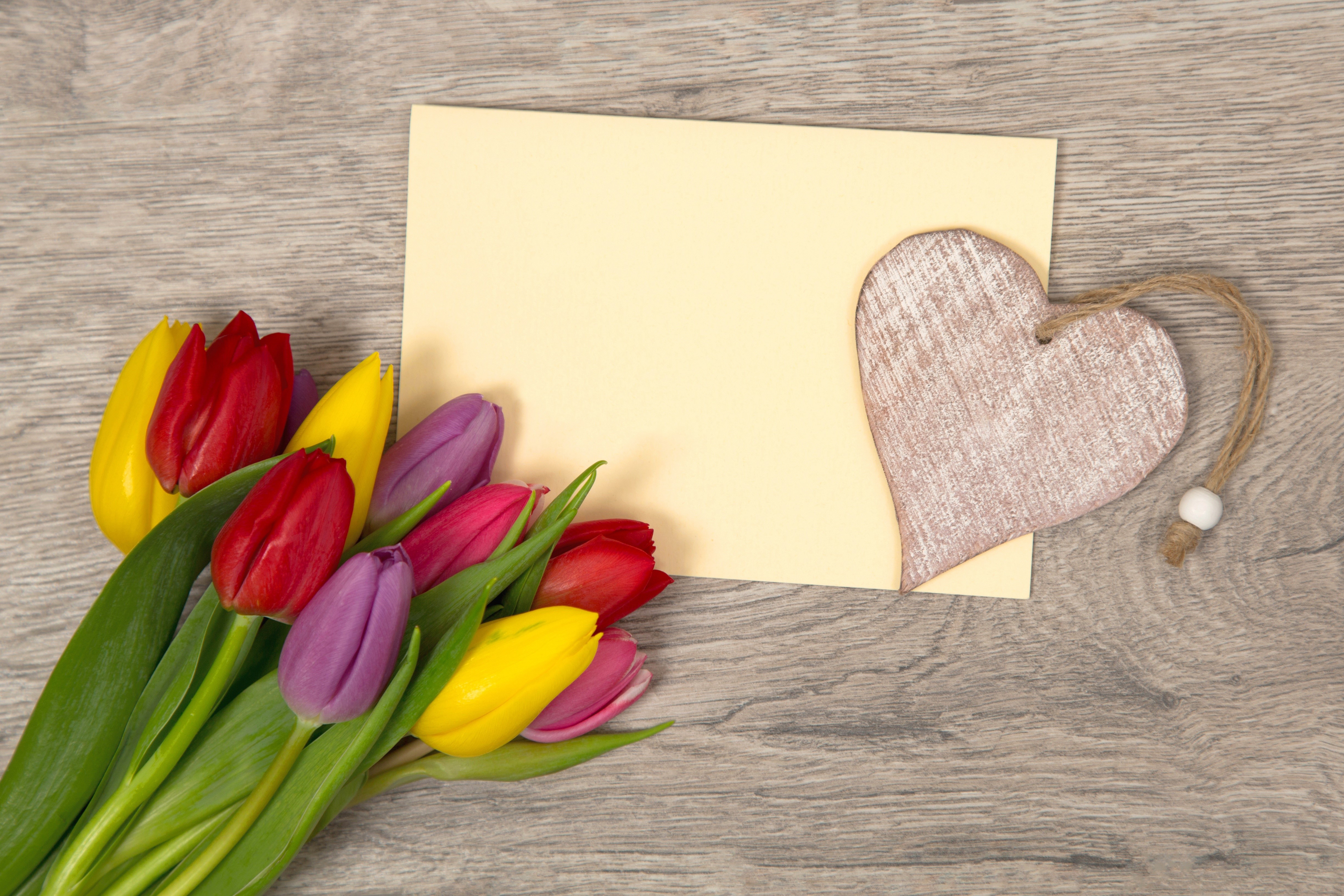 Tulips and Heart on a Wooden Background HD Wallpaper
