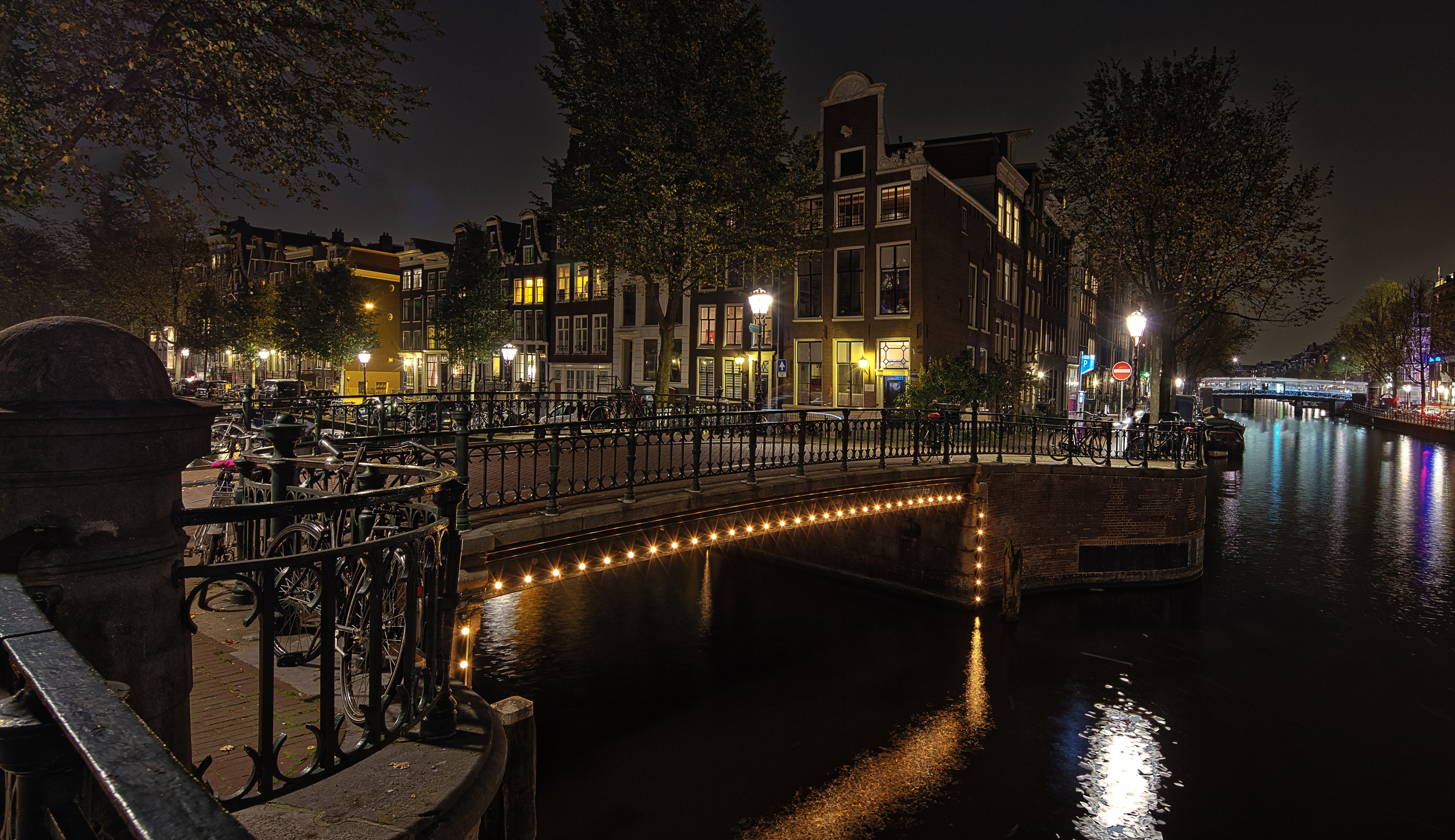 Amsterdam Canal at Night with Bridge and Houses HD Wallpaper