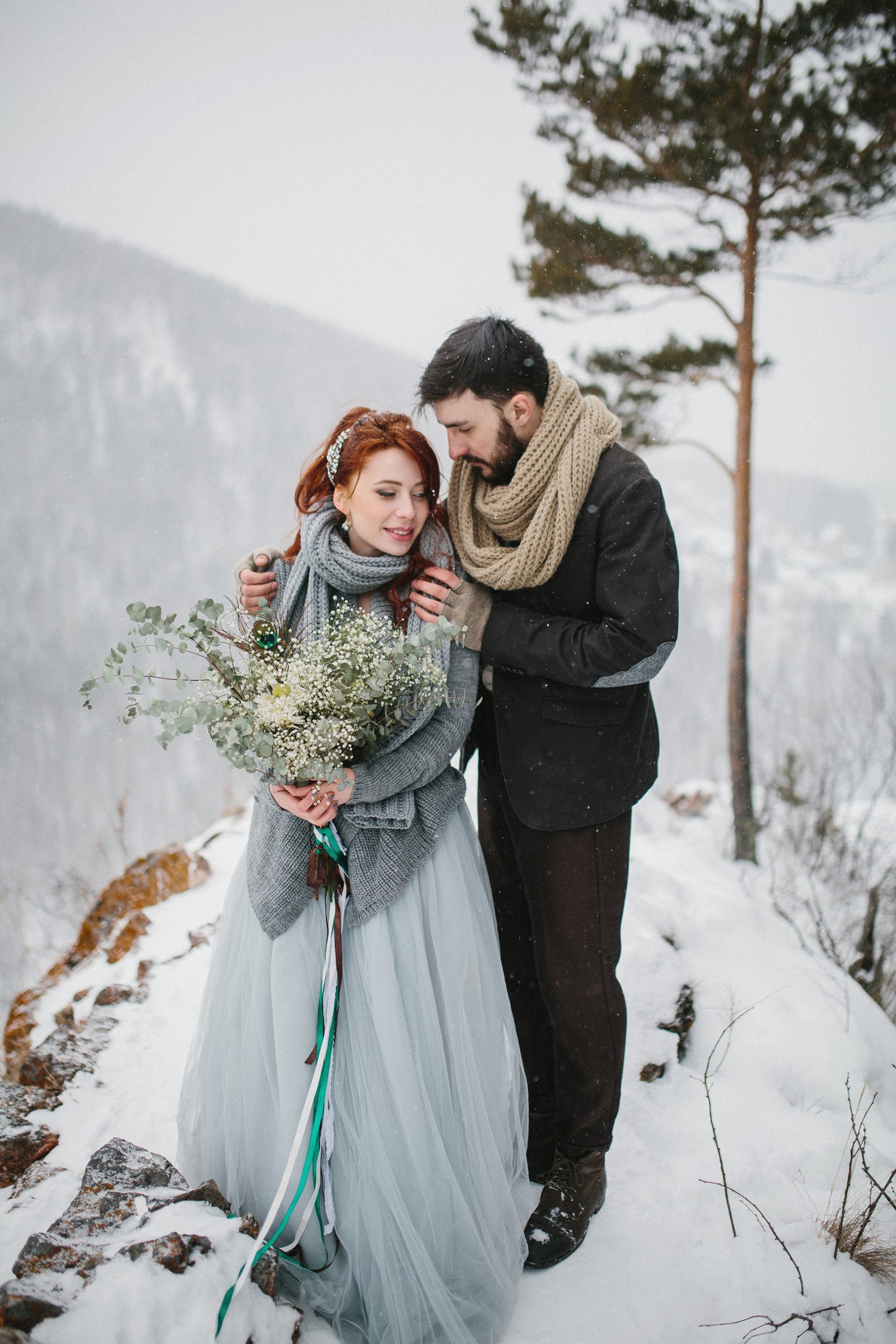 Bride and Groom in Winter Snow HD Phone Wallpaper