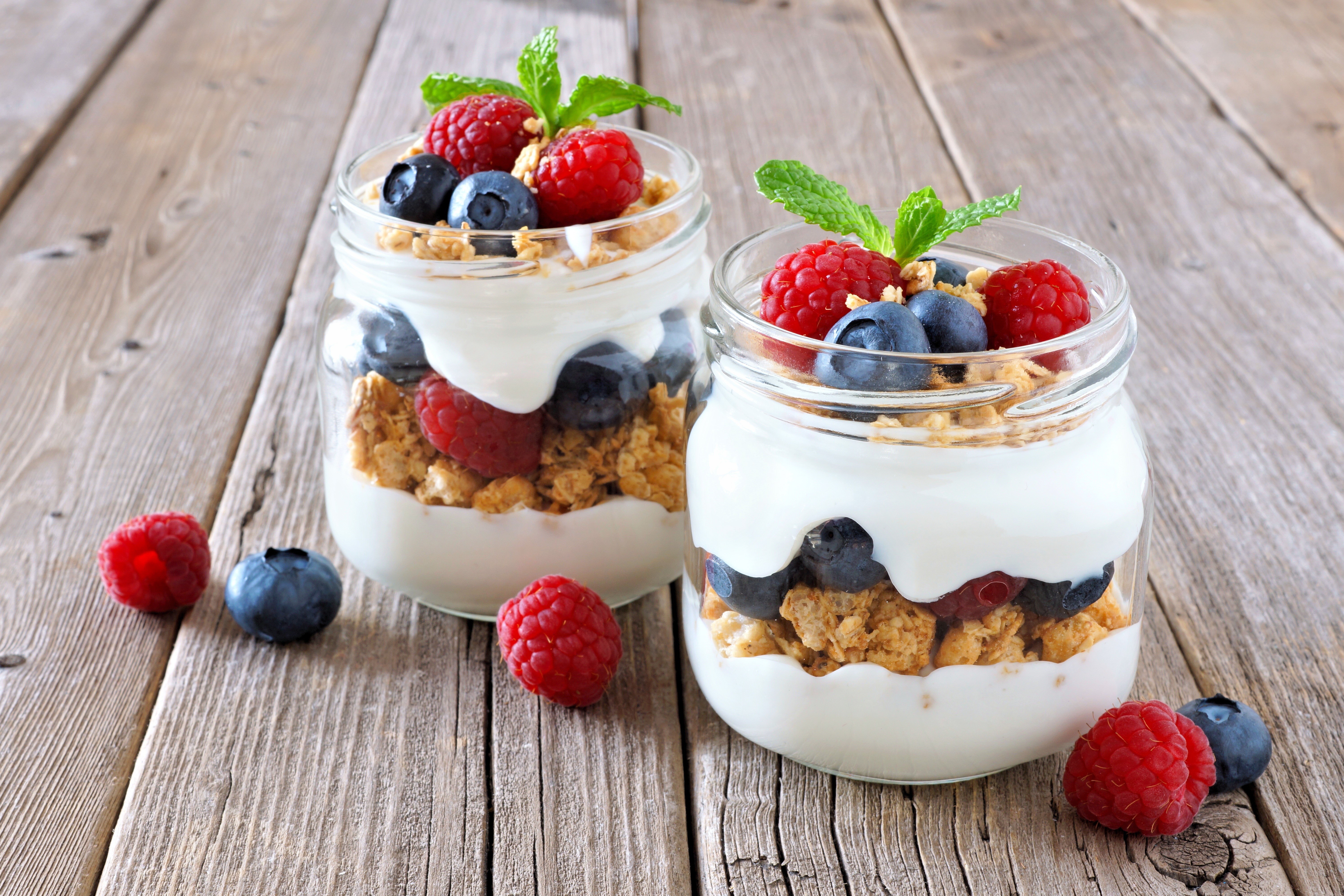 Yogurt Parfaits with Raspberries and Blueberries in Jars HD Wallpaper