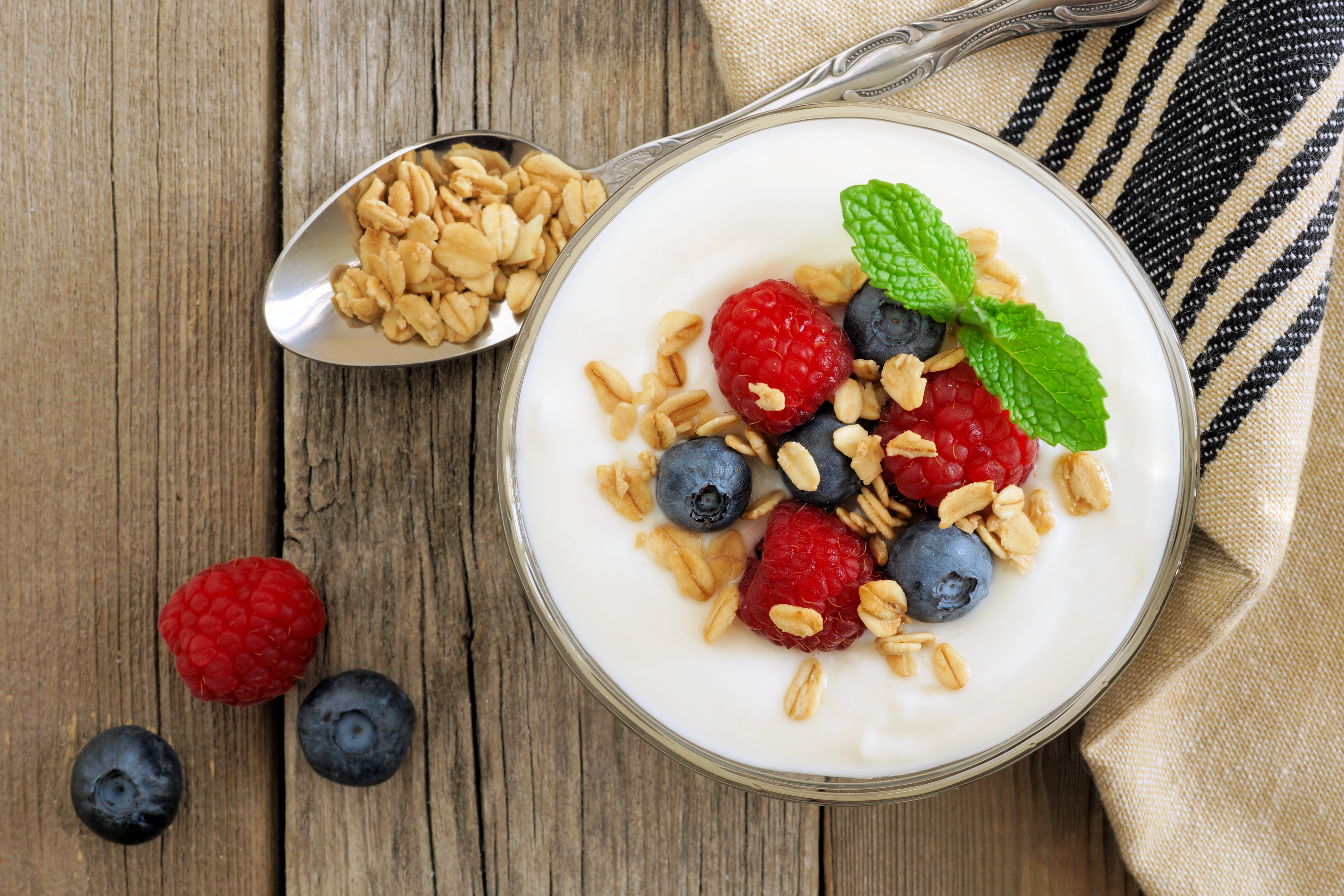 Yogurt with Raspberries, Blueberries, and Granola HD Wallpaper