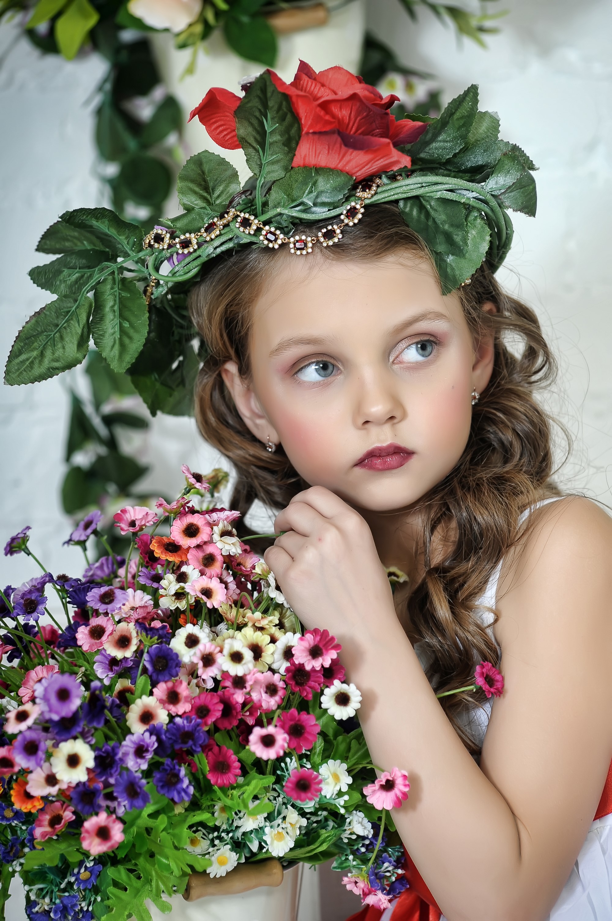 Girl with Flower Wreath and Bouquet HD Phone Wallpaper