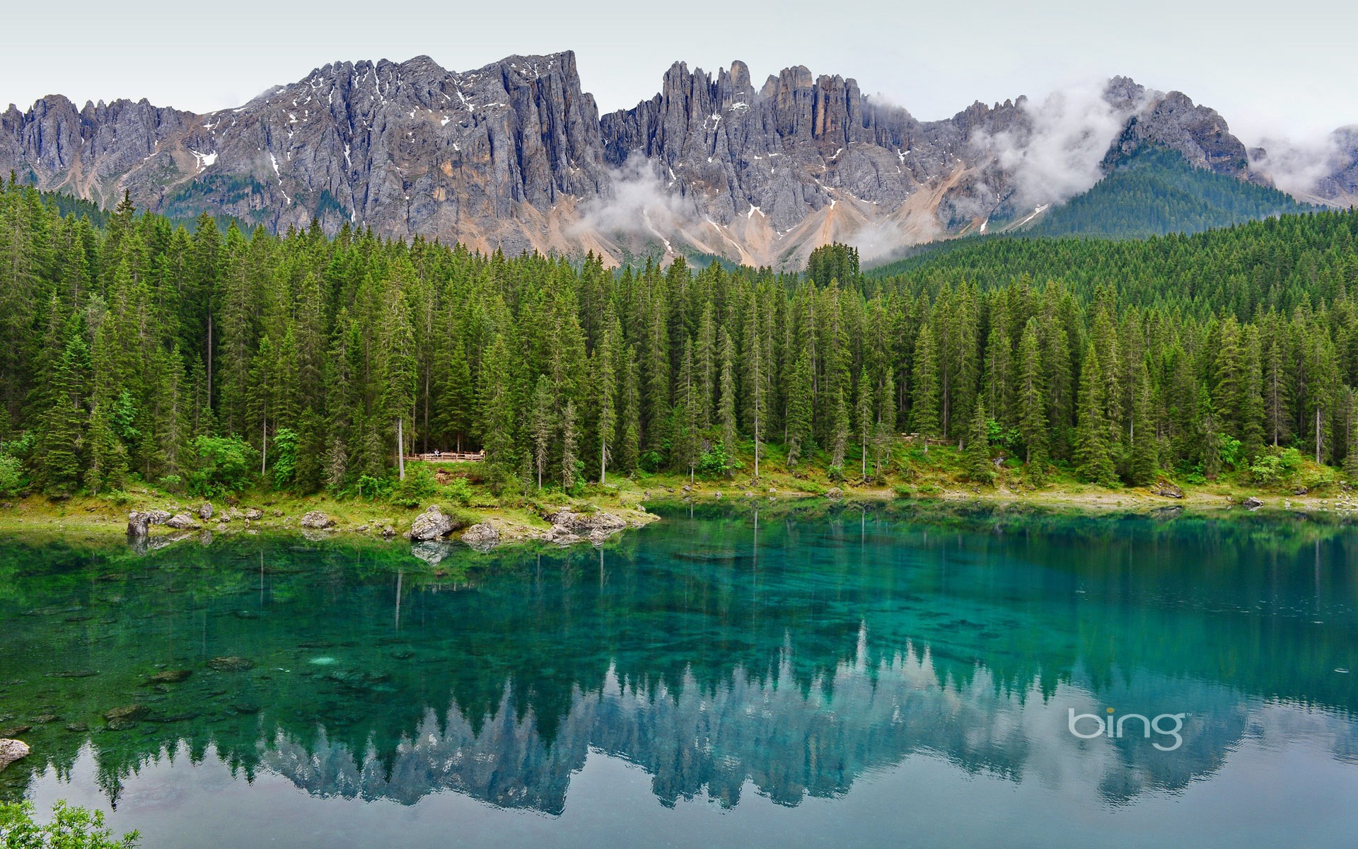 Lake with forest and mountains reflection HD Wallpaper