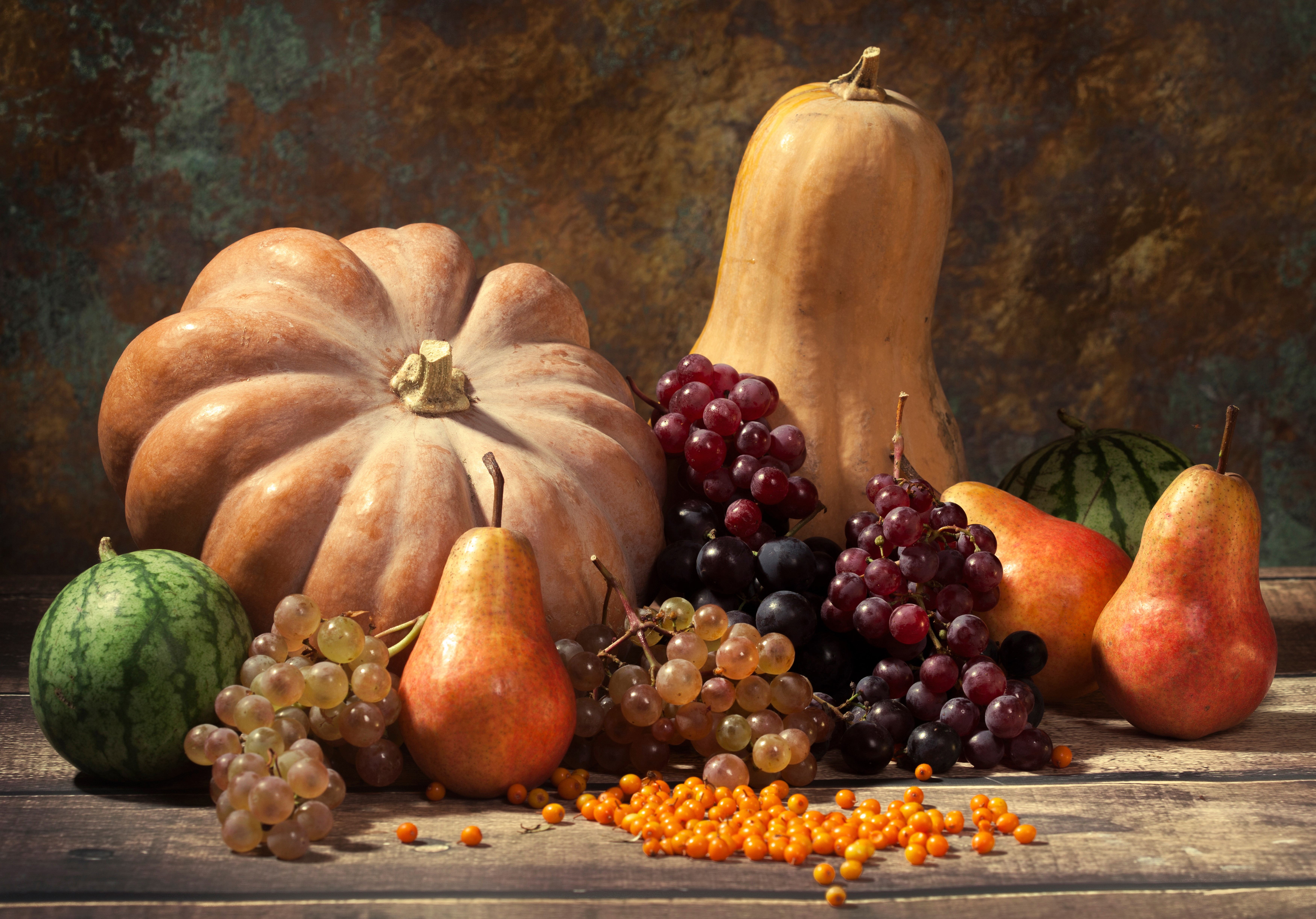 Still life with pumpkins, pears, grapes, watermelons, and berries HD Wallpaper