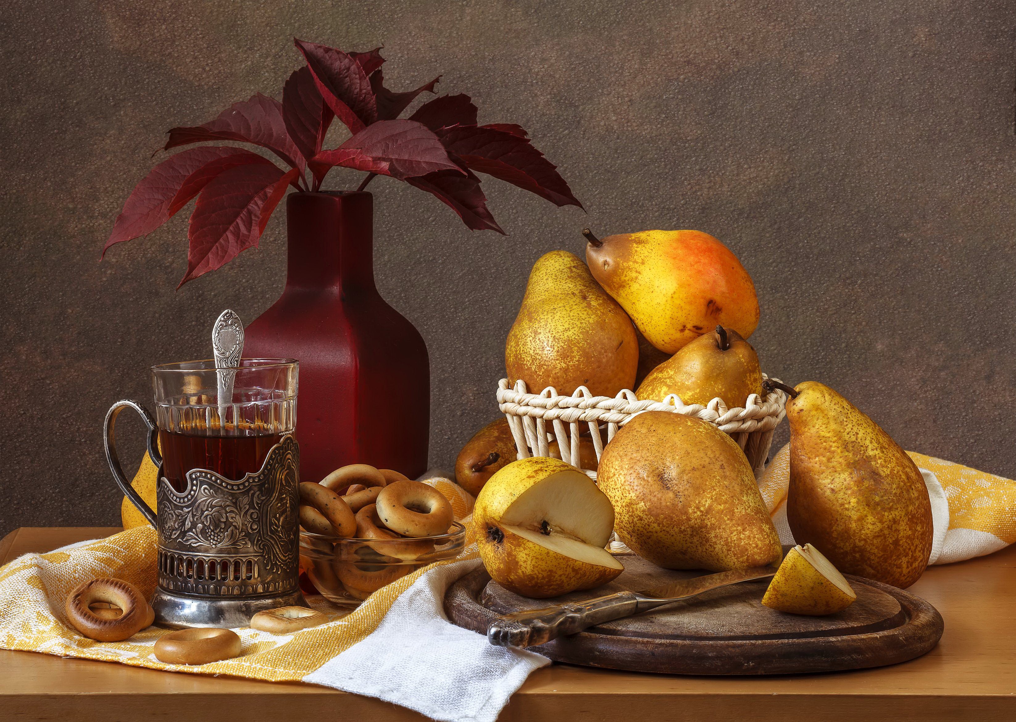 Still-life with pears, tea, and foliage HD Wallpaper
