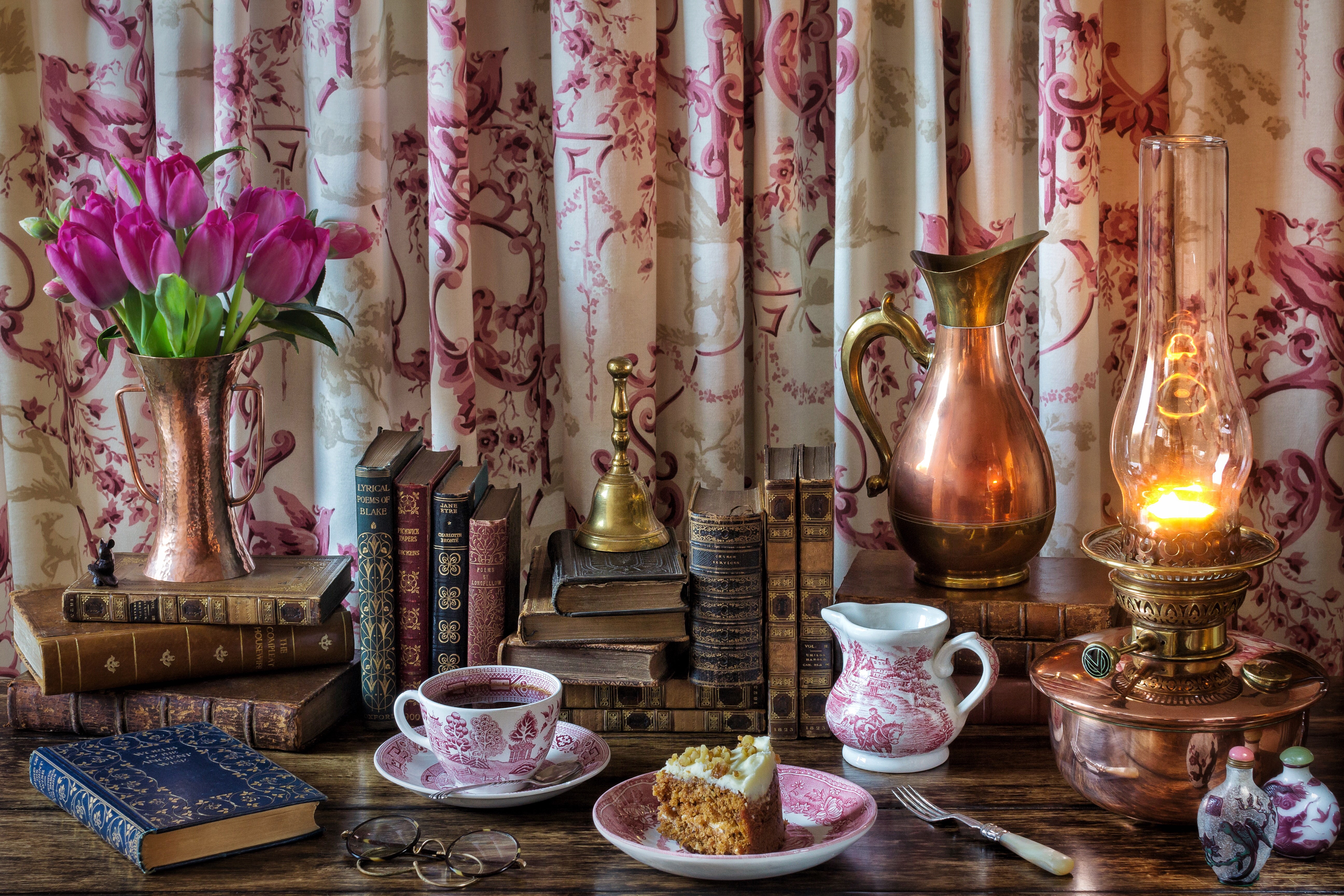 Still-life with tulips, coffee, cake, and kerosene lamp HD Wallpaper