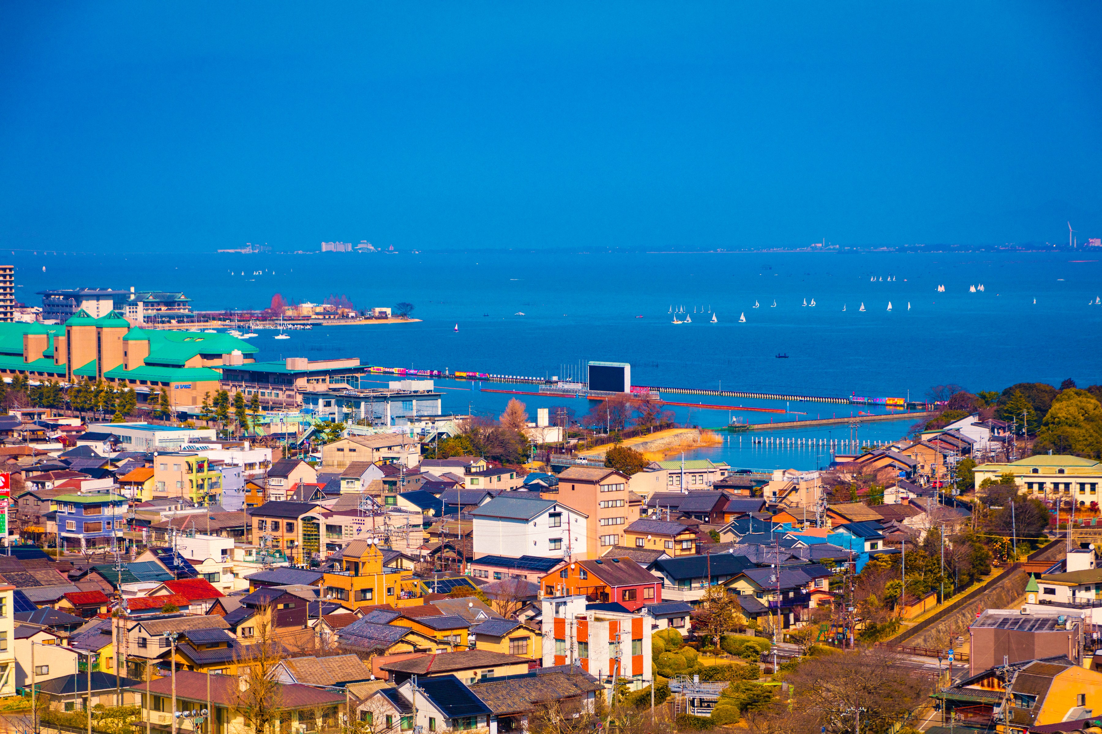 Otsu, Japan: Coastal Cityscape with Marinas and Houses HD Wallpaper