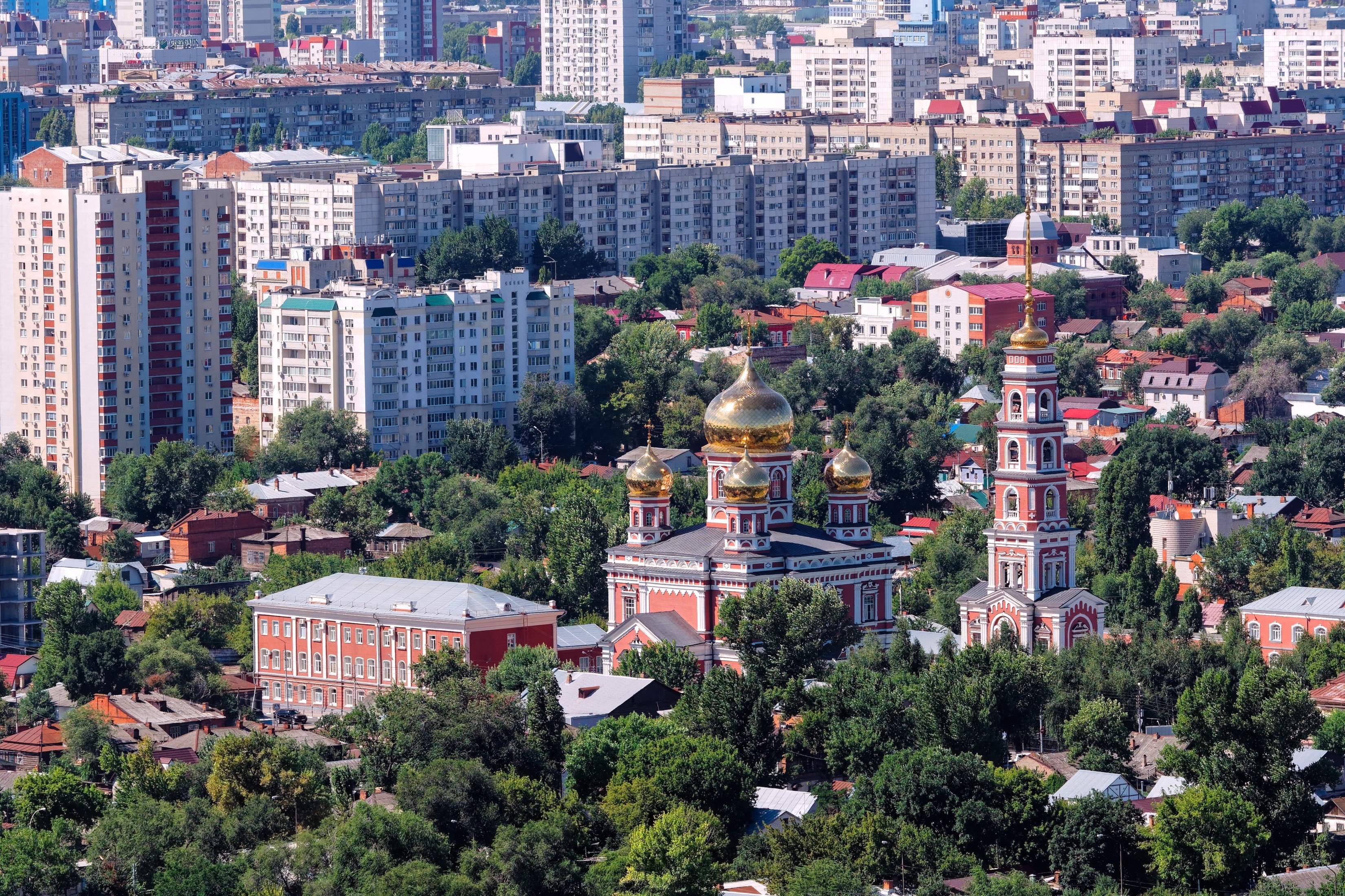 Saratov, Russia: Cityscape with Orthodox Churches and Residential Buildings HD Wallpaper