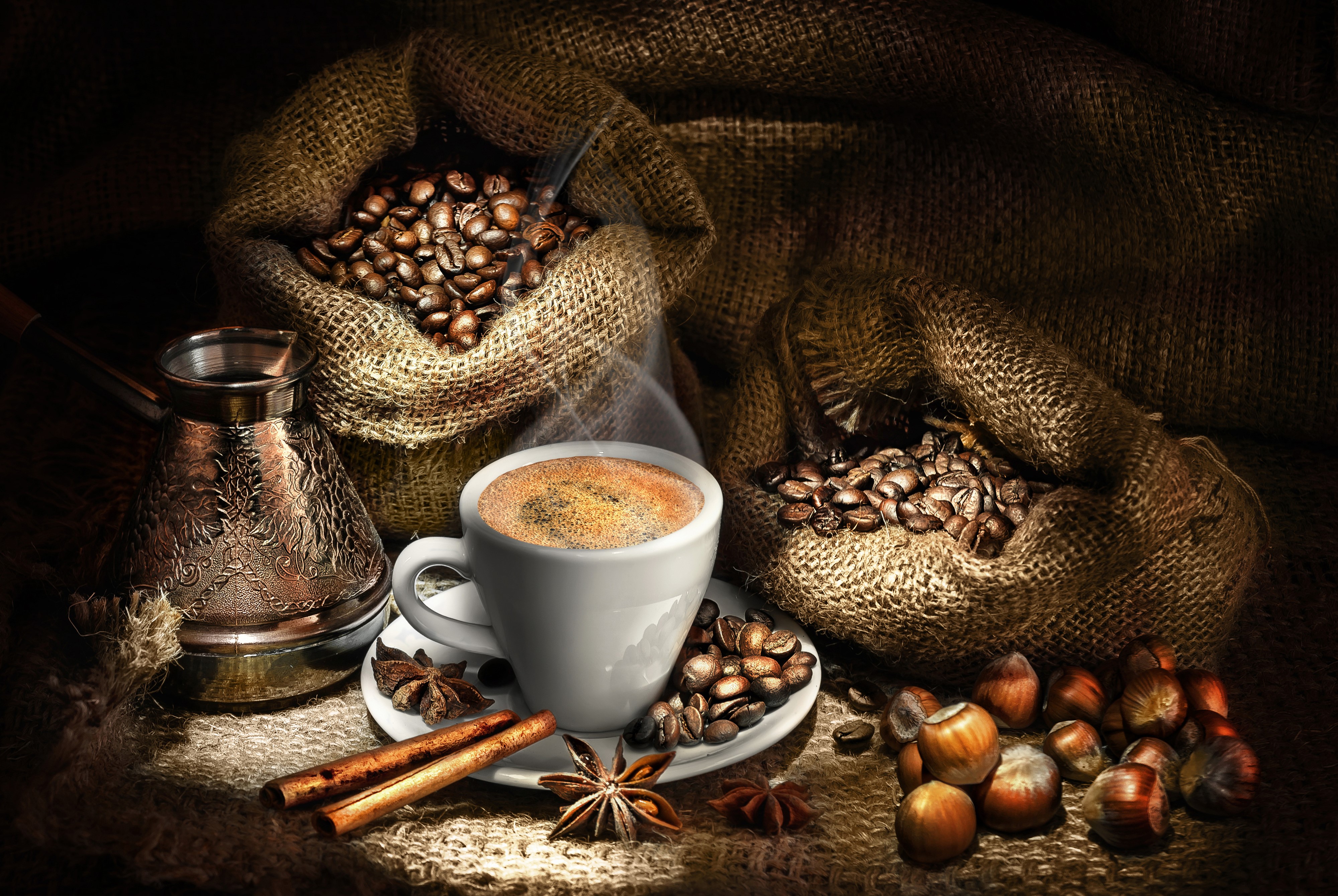Coffee beans, cup, cezve, cinnamon, star anise, and nuts HD Wallpaper