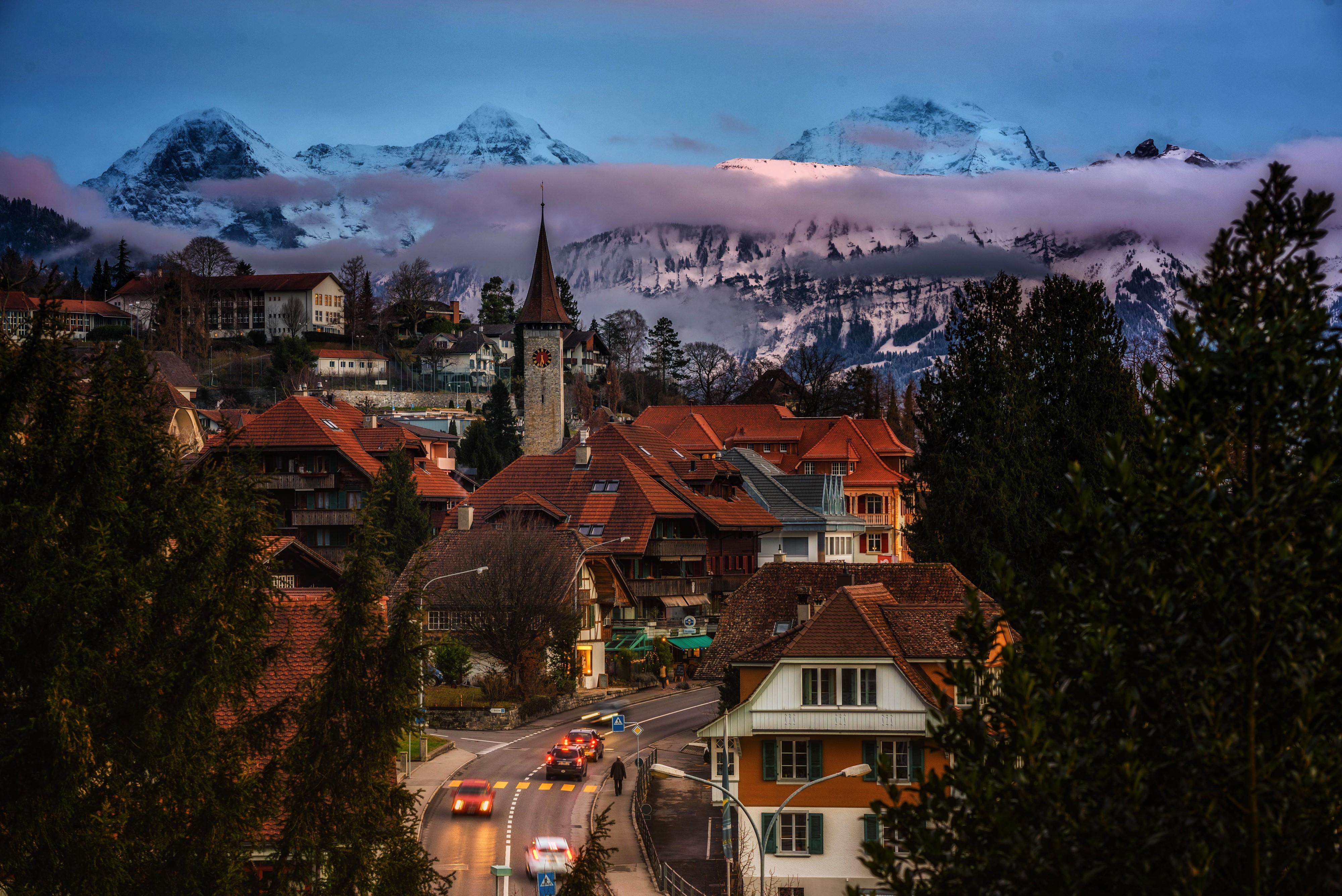 Village with Mountains in Gundlischwand, Switzerland HD Wallpaper
