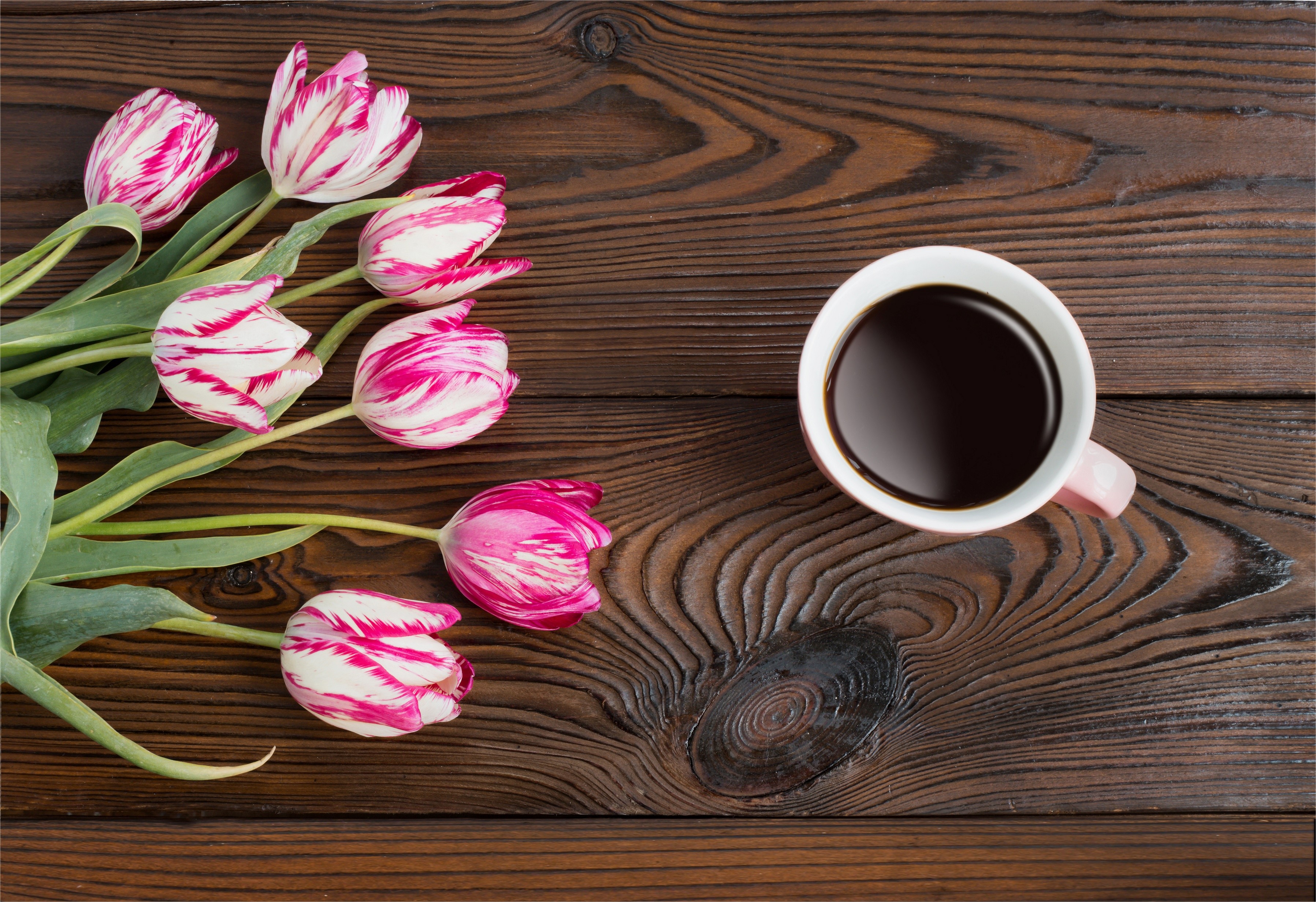 Pink and white tulips with a cup of coffee on a wooden table HD Wallpaper