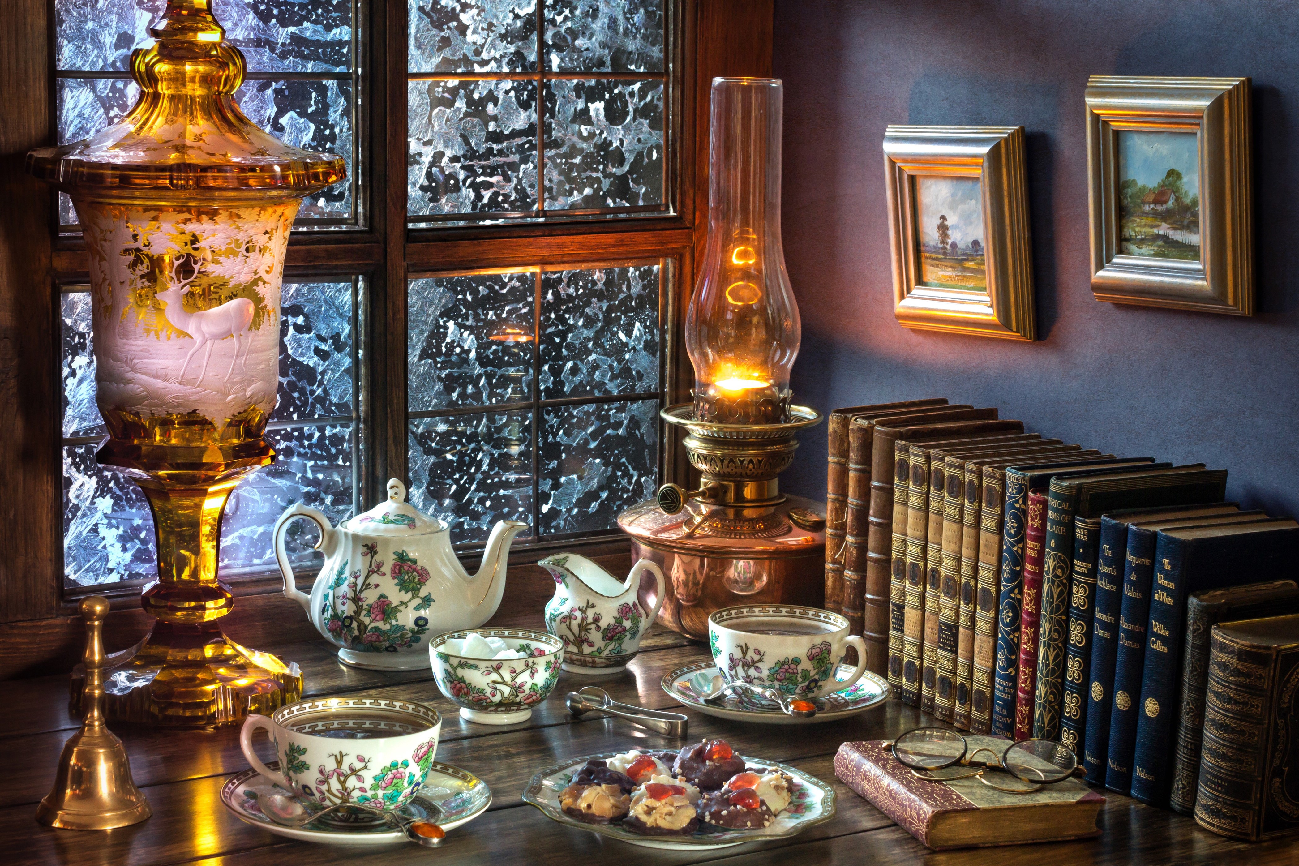 Still-life with tea set, books, and kerosene lamp HD Wallpaper