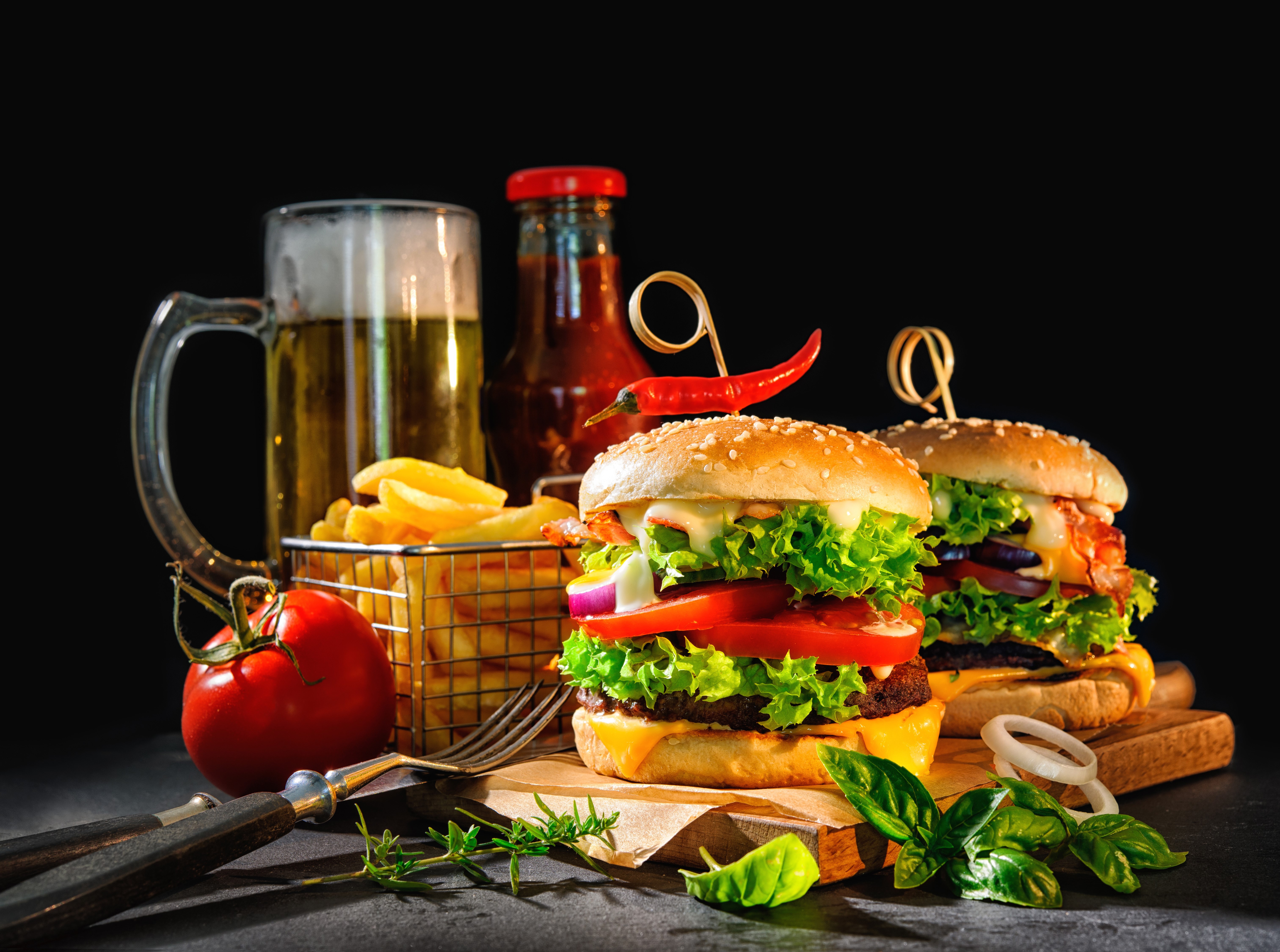 Hamburgers with Fries, Beer, and Ketchup HD Wallpaper