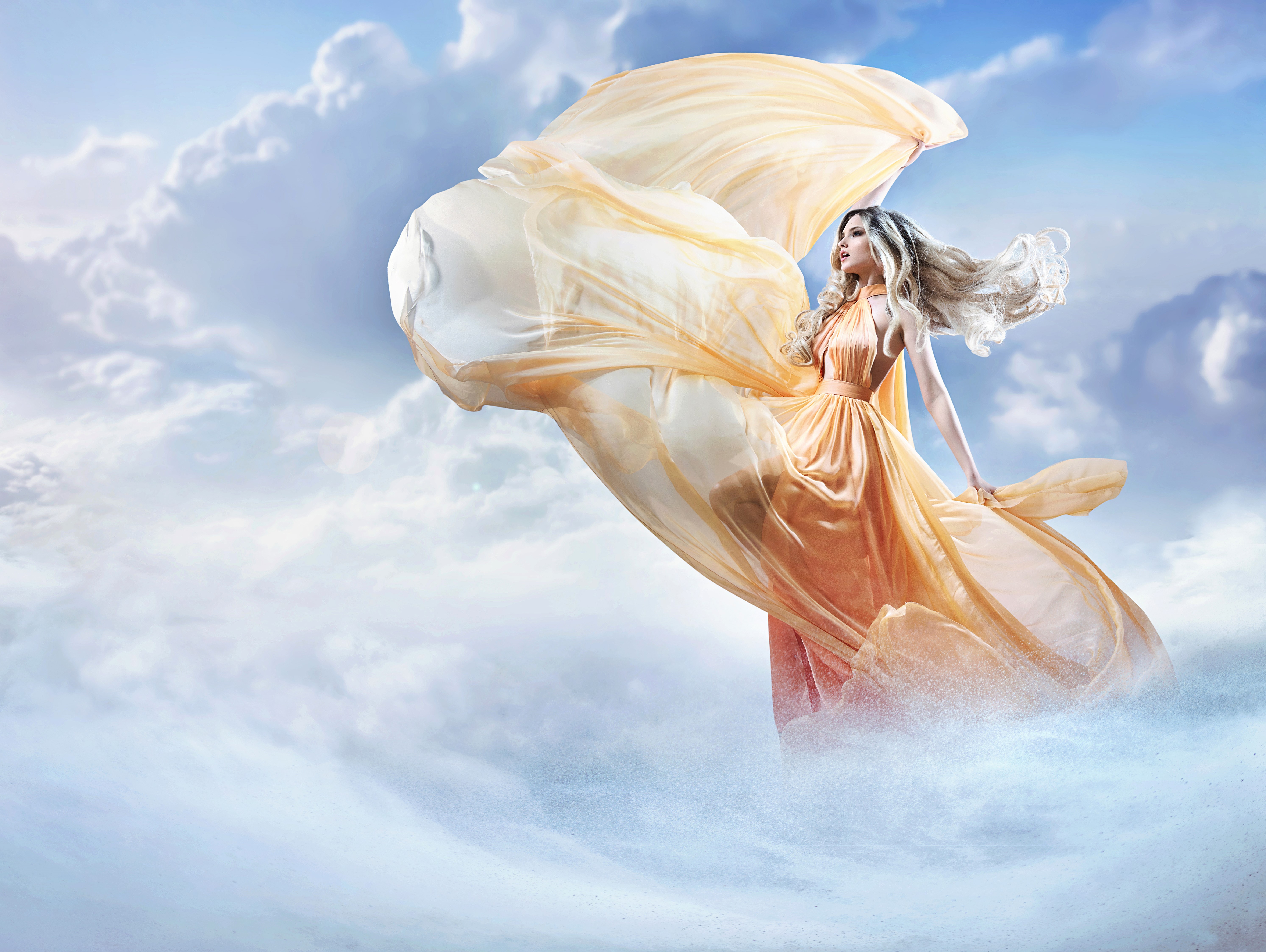 Woman in flowing dress in the sky HD Wallpaper