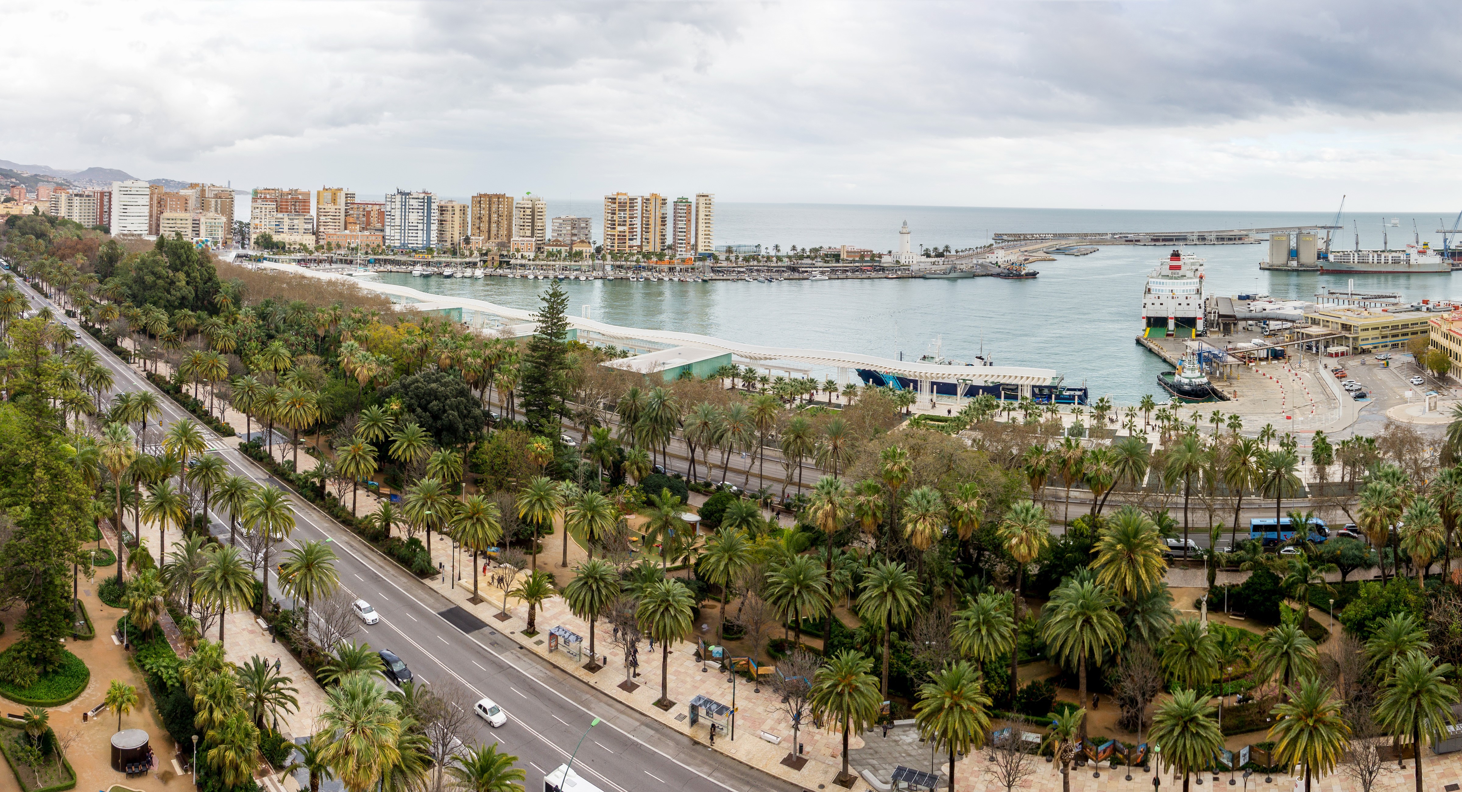Malaga Andalusia Coastline with Port and Palm Trees HD Wallpaper