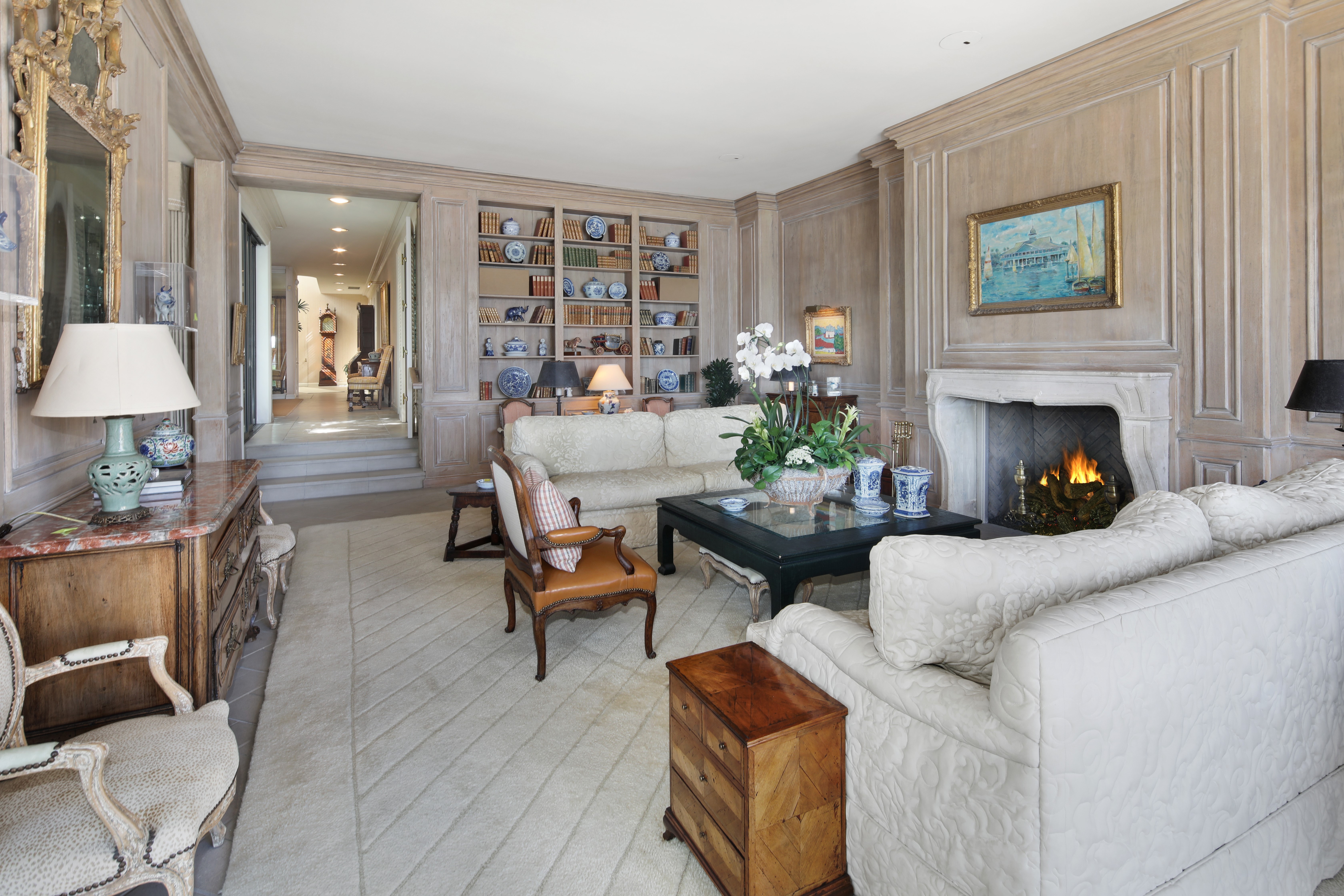 Living room with fireplace and bookshelves HD Wallpaper