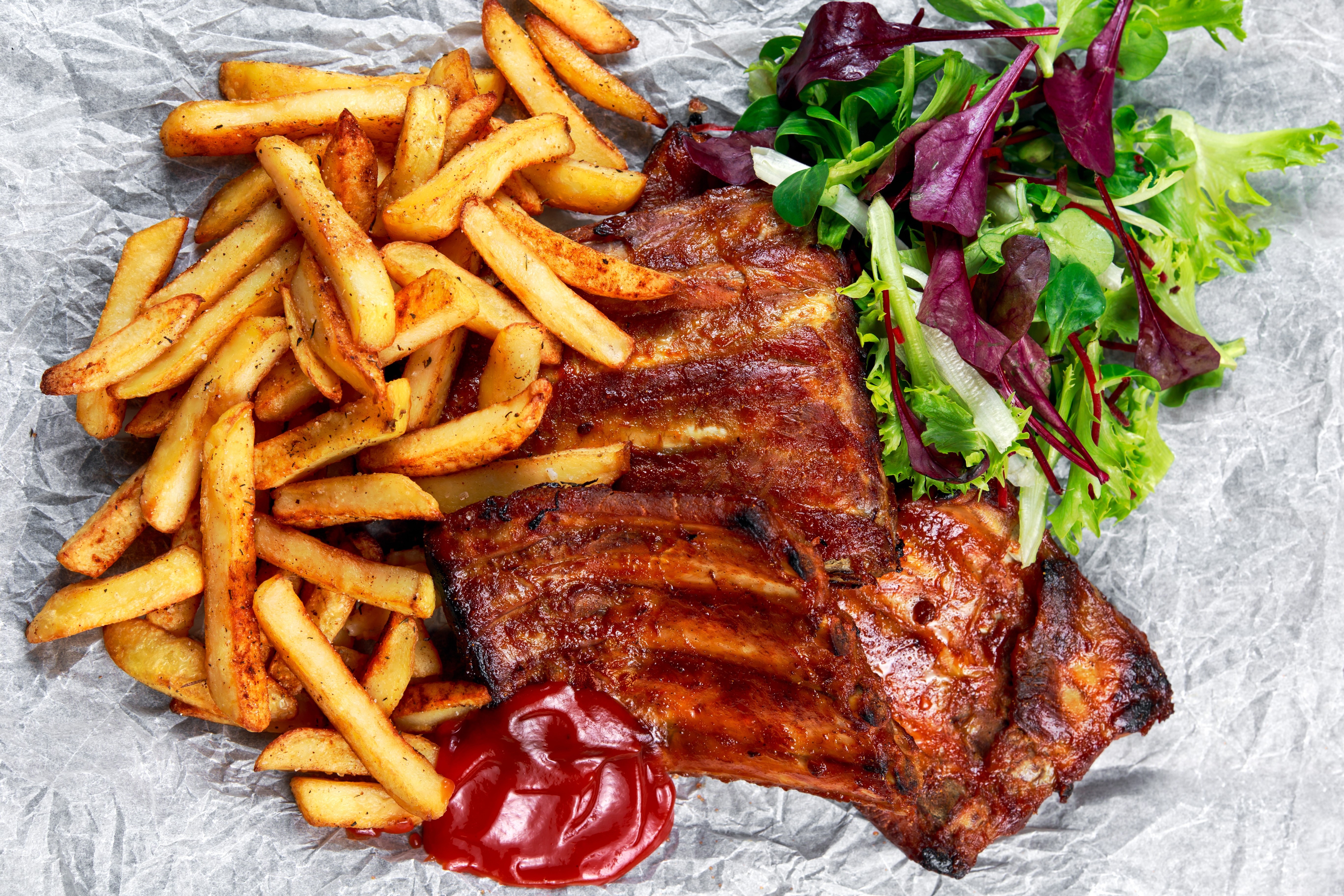 Barbecue ribs with french fries and salad HD Wallpaper