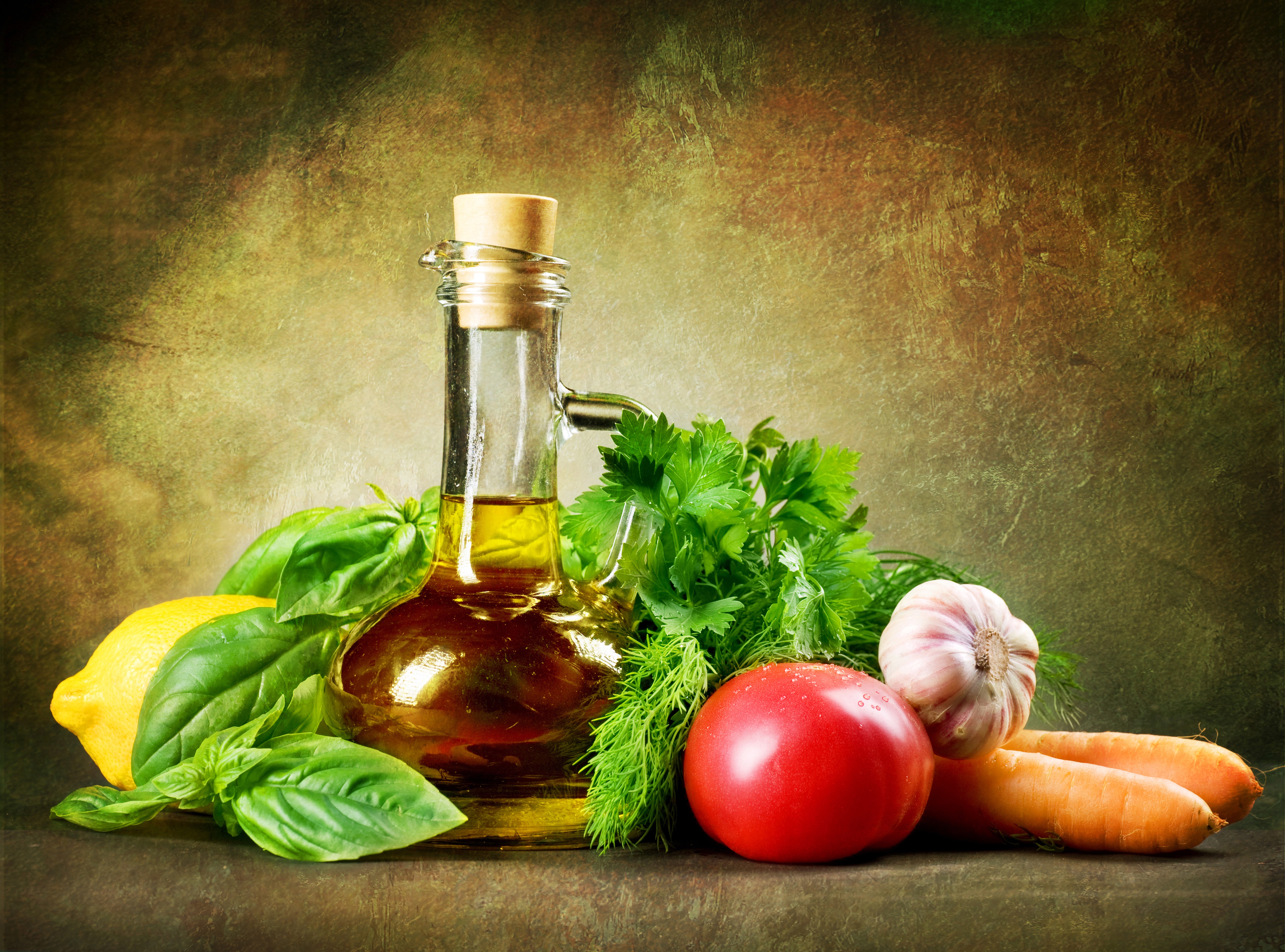Bottle of Olive Oil with Vegetables and Herbs HD Wallpaper