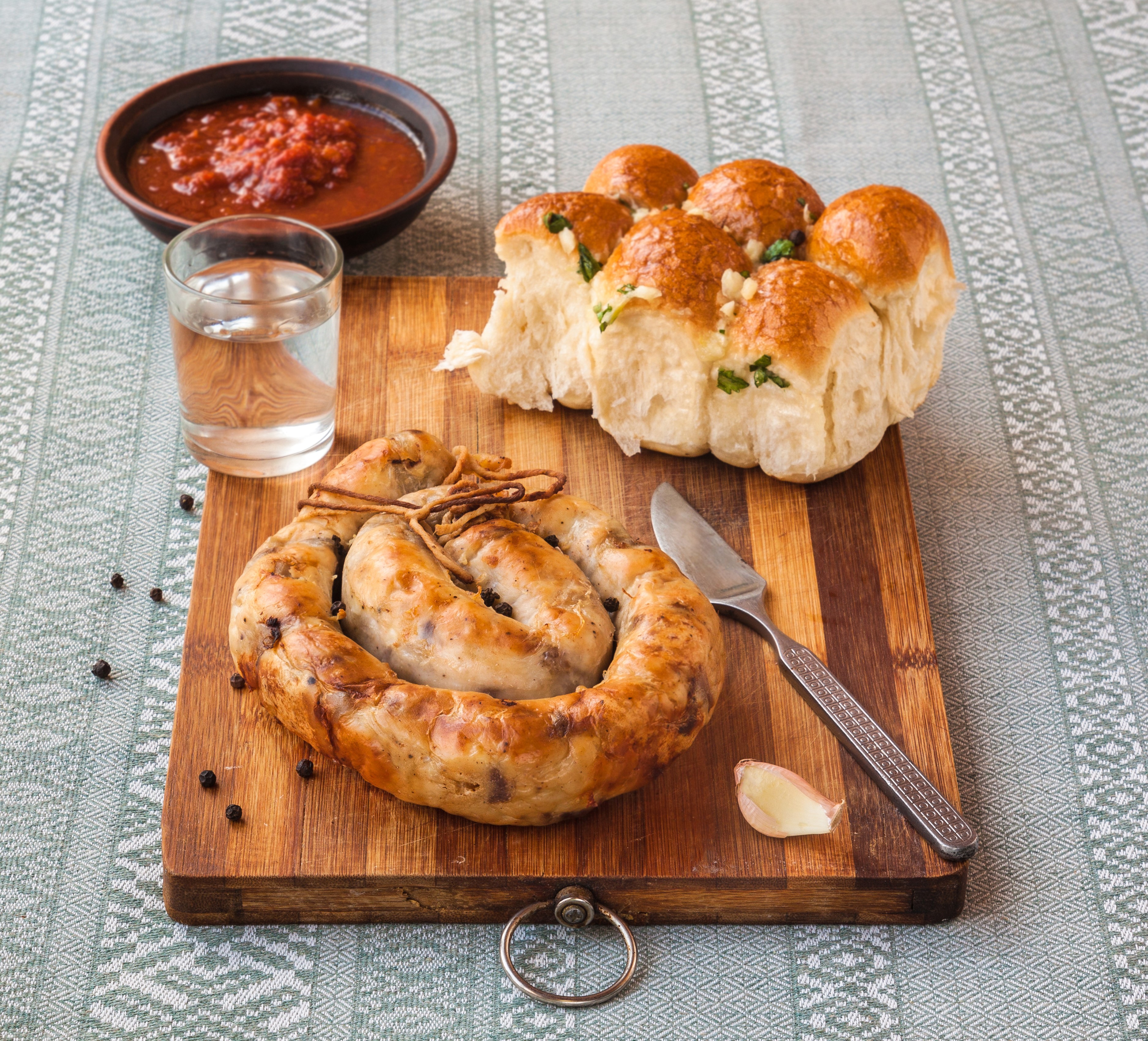 Sausage, Buns, Shot Glass, and Ketchup on Cutting Board HD Wallpaper