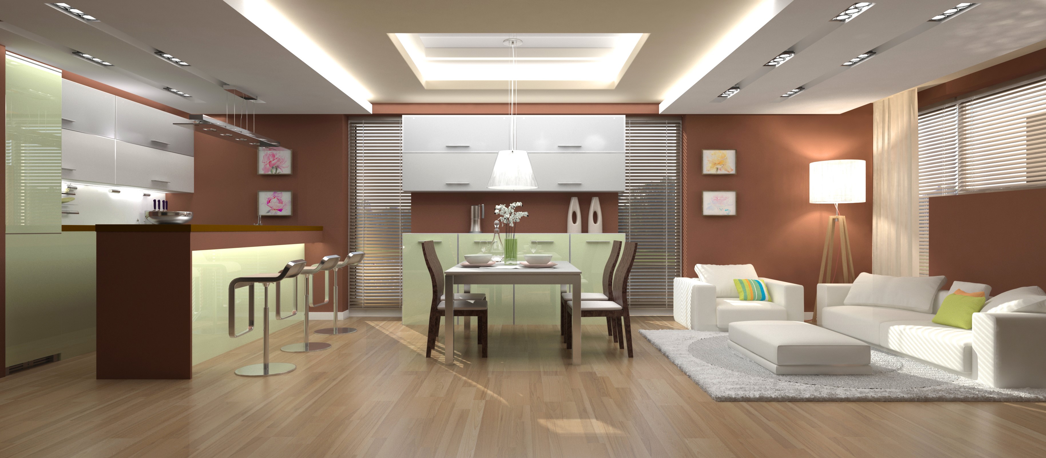 Modern open-plan living and dining area with kitchen HD Wallpaper