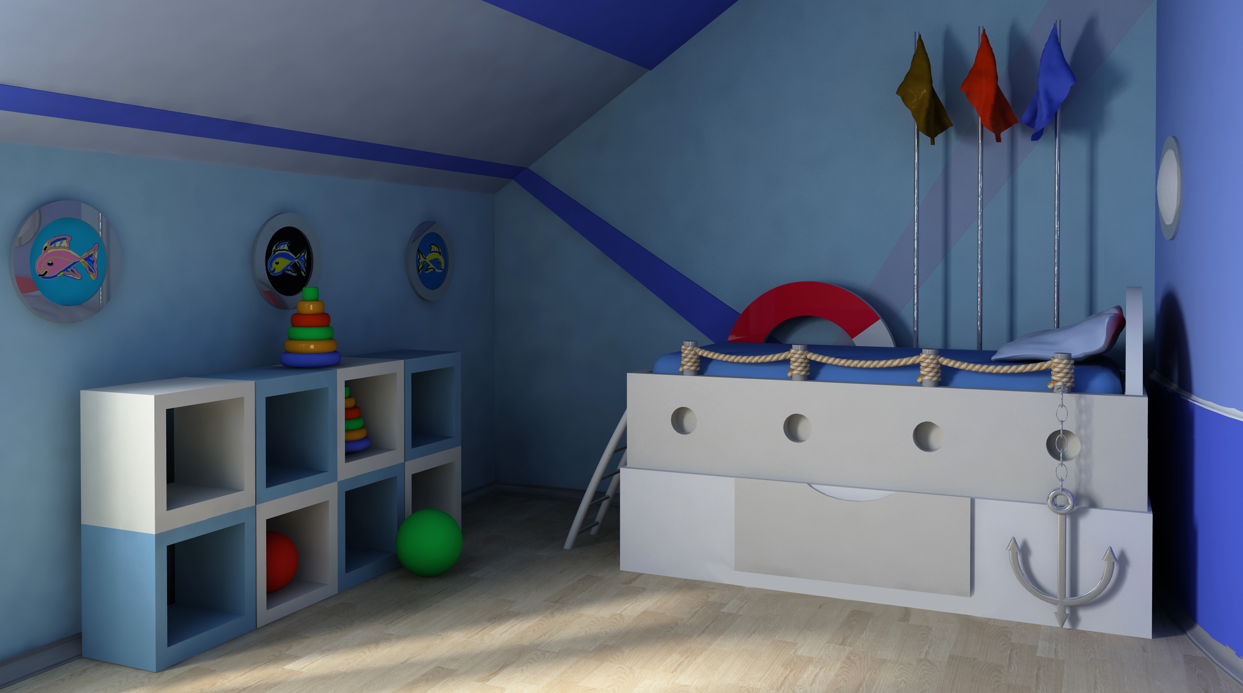 Children's room with nautical theme and toys HD Wallpaper