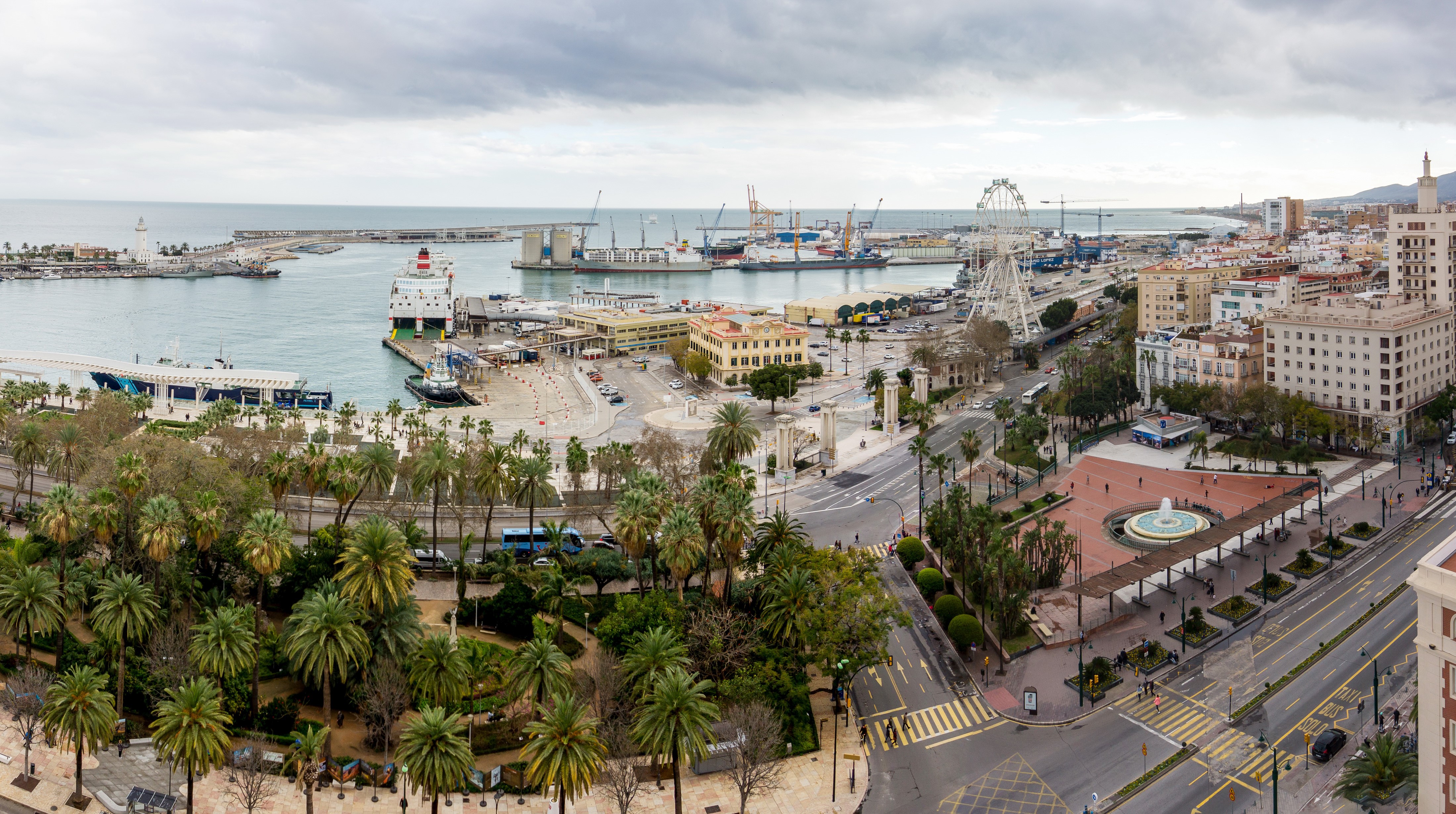 Malaga Port and Cityscape with Ferris Wheel and Fountain HD Wallpaper