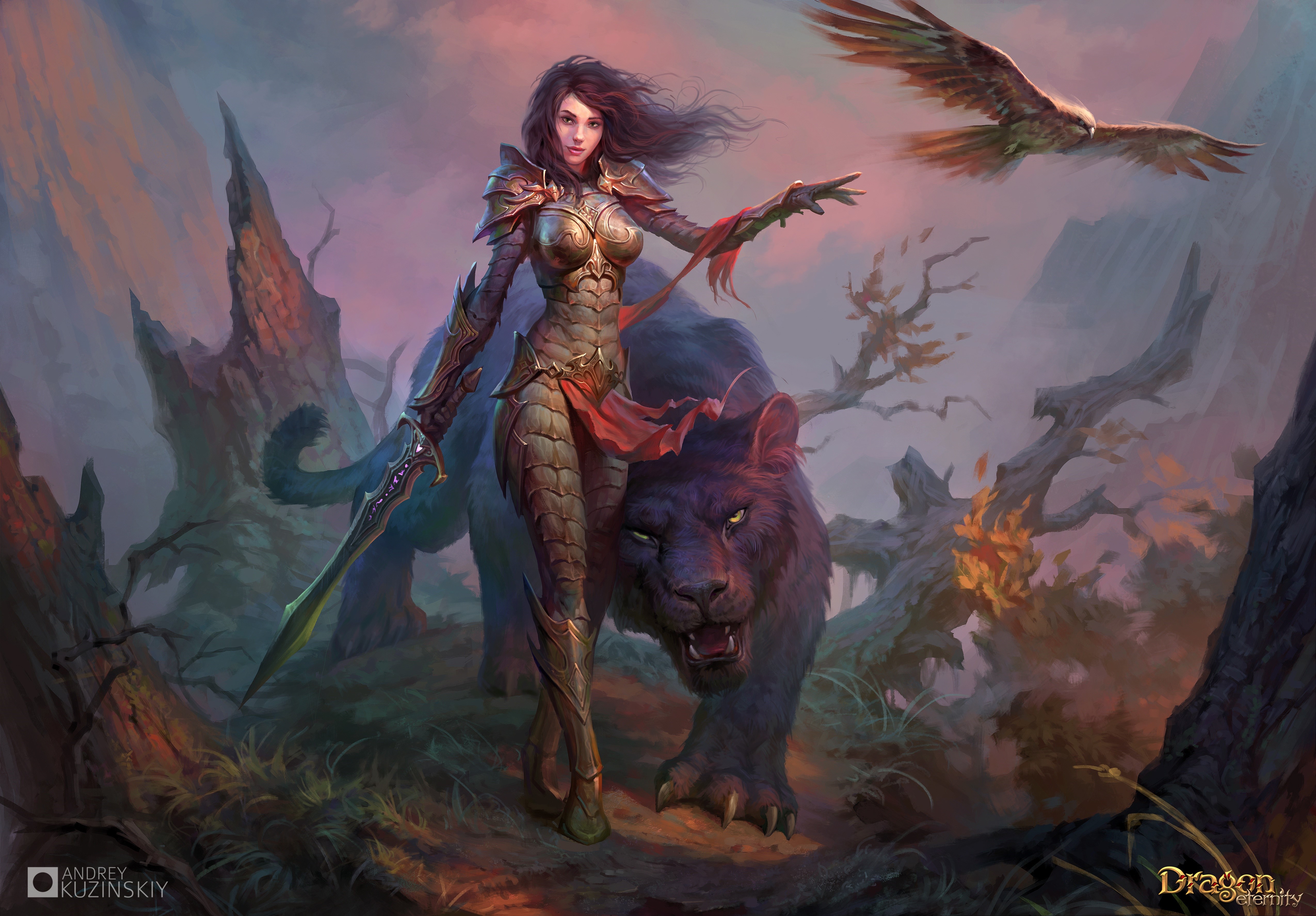 Warrior woman with panther and eagle in Dragon Eternity HD Wallpaper