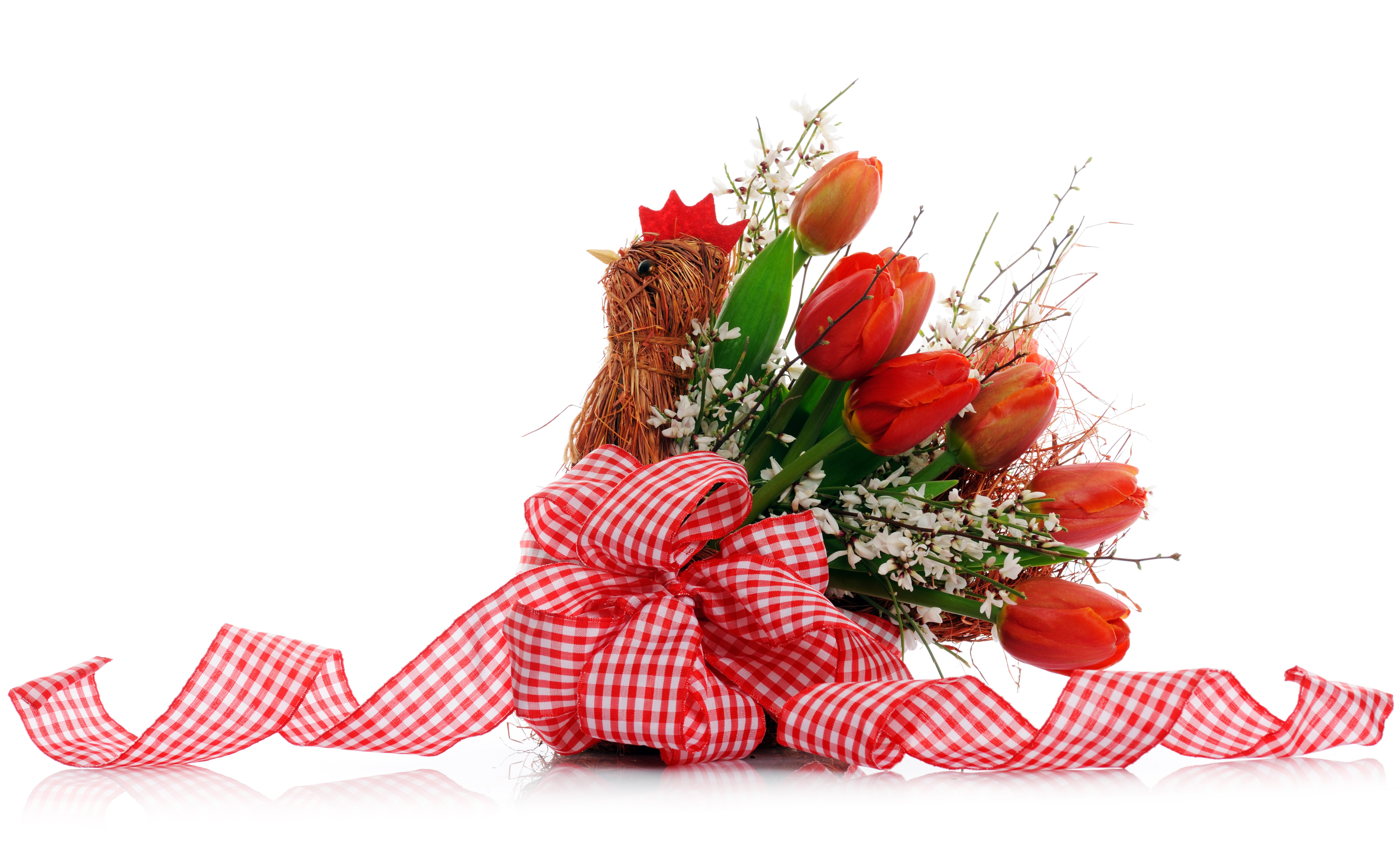 Easter bouquet of tulips with a chicken decoration and ribbon HD Wallpaper